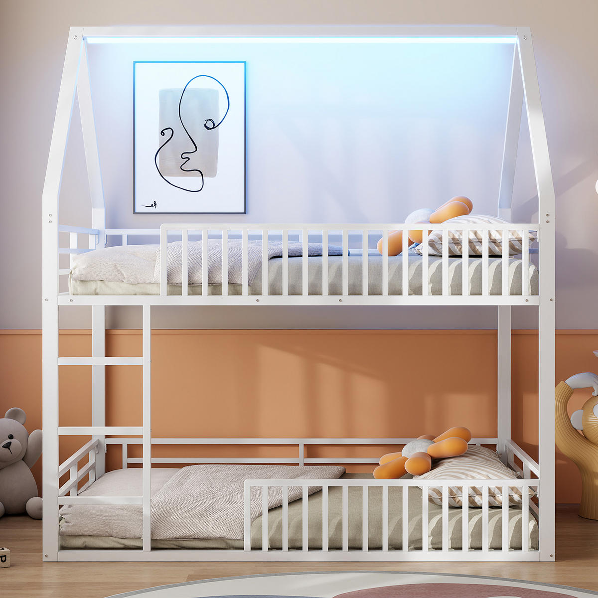 HOCHBETT 140/200 cm in Weiß Hausbett mit LED Metall Zaun-Design - Weiß, Metall (140/200cm) - STILVORA