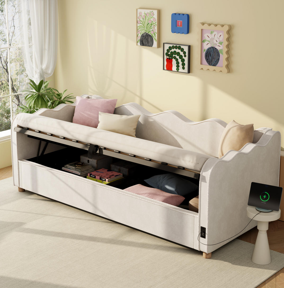 POLSTERBETT 90/200 cm aus Samt mit hydraulischem Stauraum und USB-Anschluss Beige - Beige, Textil (90/200cm) - Modenvie