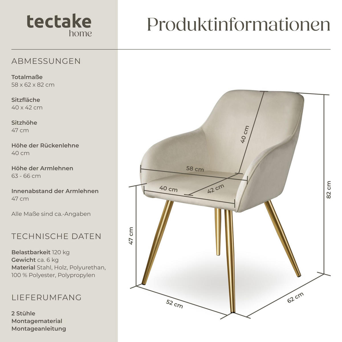 ESSZIMMERSTUHL 2er Set Marilyn 58 x 62 x 82 cm creme/gold - Goldfarben/Creme, Textil (58/82/62cm) - tectake