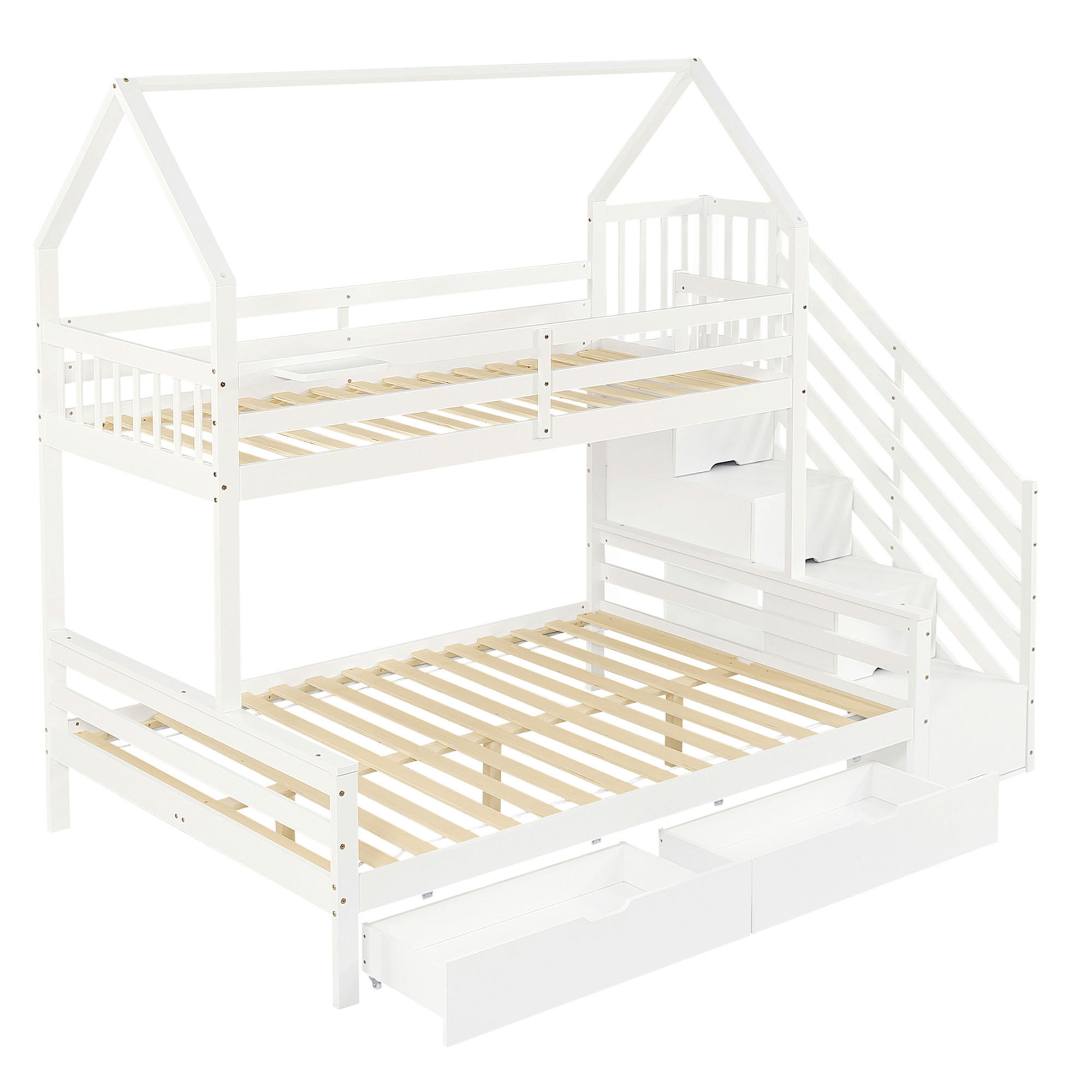 ETAGENBETT 90/140/200 cm DE-02269, in Weiß, mit Dach, Treppenschrank und 2 Schubladen - Weiß, Holz/Holzwerkstoff (140/200cm) - ComfortXL