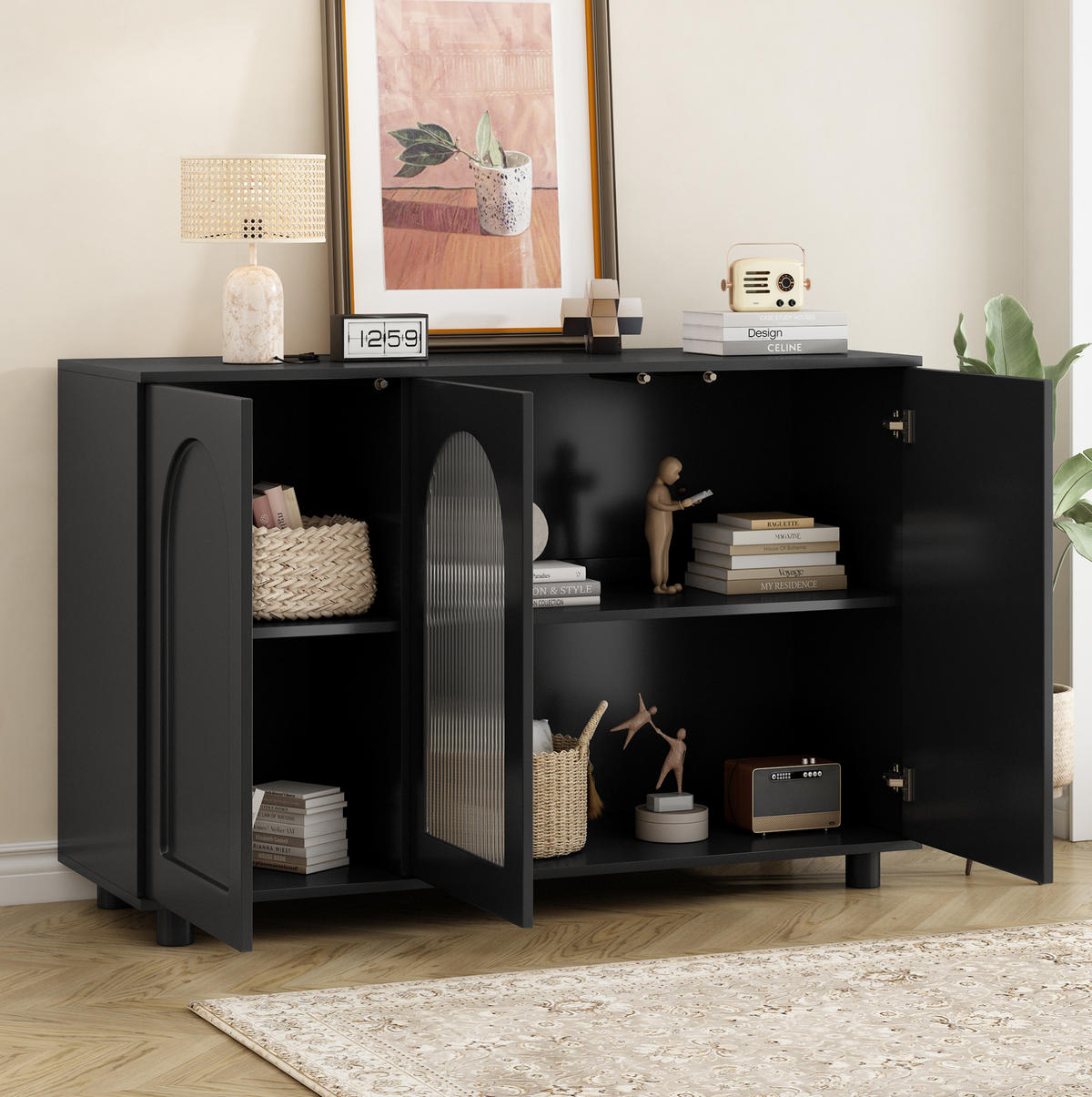 SIDEBOARD 40/69,5 cm černá z MDF, s push-to-open a skleněnou vložkou - černá, kompozitní dřevo (120/78.5/40cm) - BEAOK