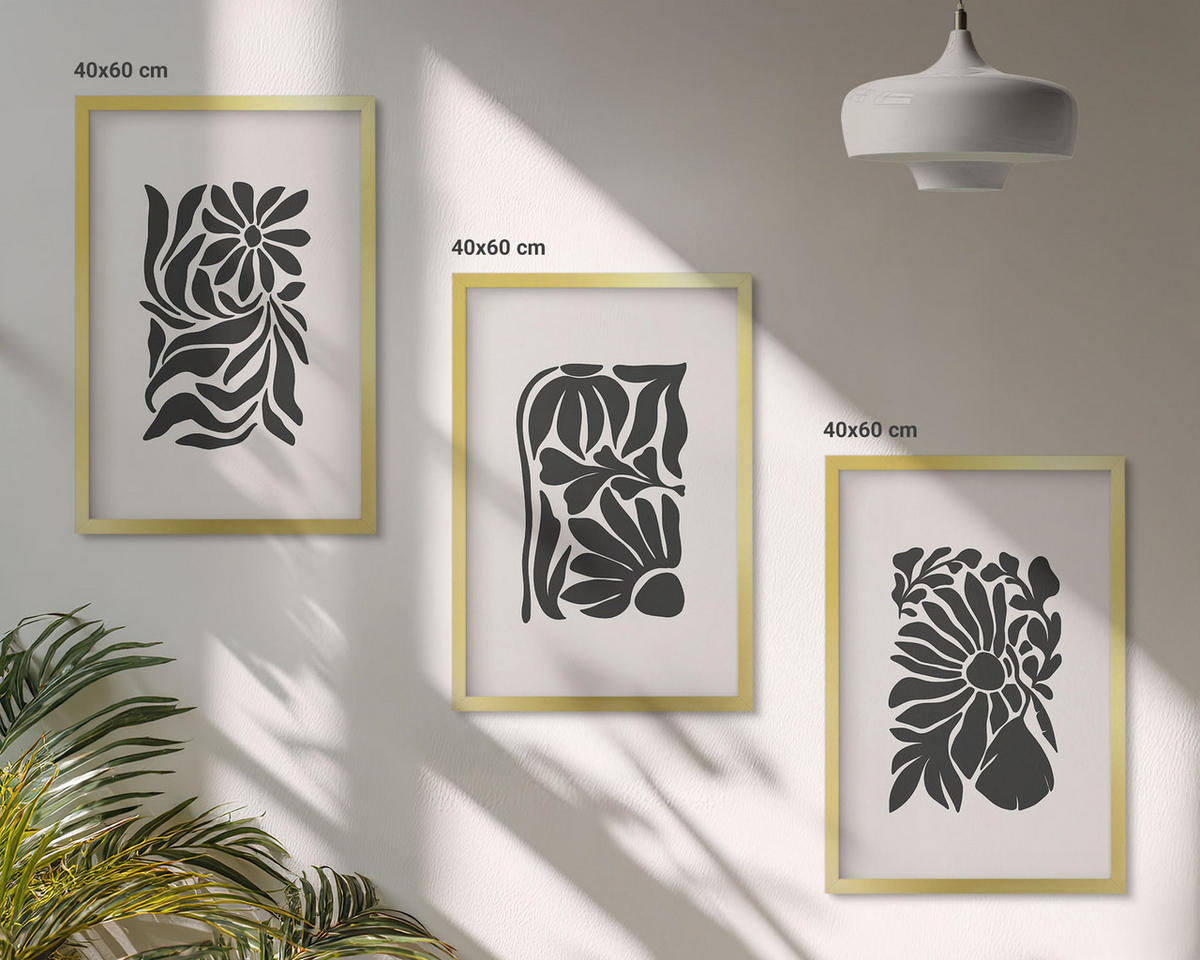 BILDER SET 3er Set - 40x60 cm Goldrahmen - Abstrakte Pflanzenmuster - Goldfarben, Kunststoff (40/60cm) - TULUP