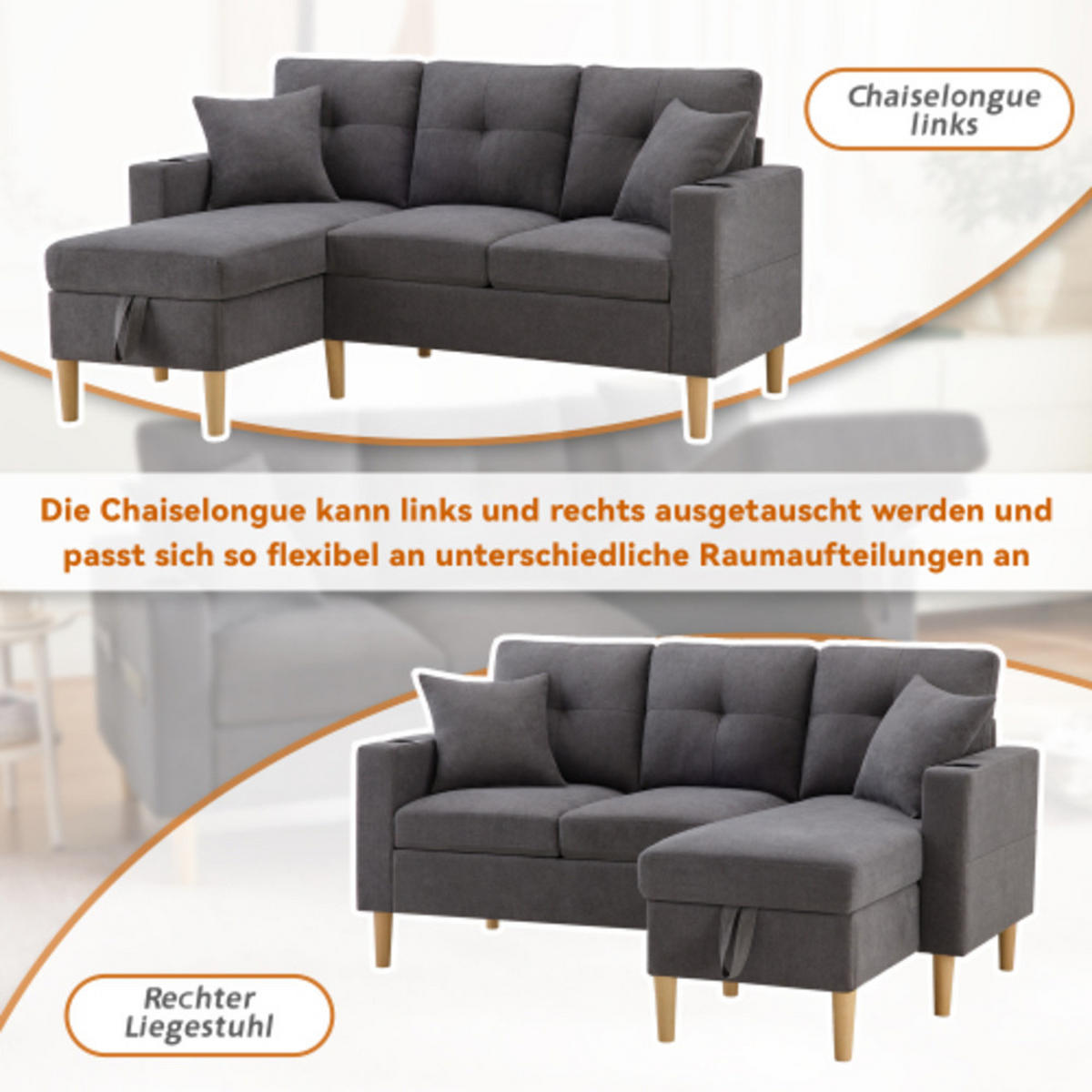 ECKSOFA 175x129x90 cm aus Leinen mit 2 Kissen geliefert, dunkelgrau - Dunkelgrau, Textil (129/175cm) - Luhomfu