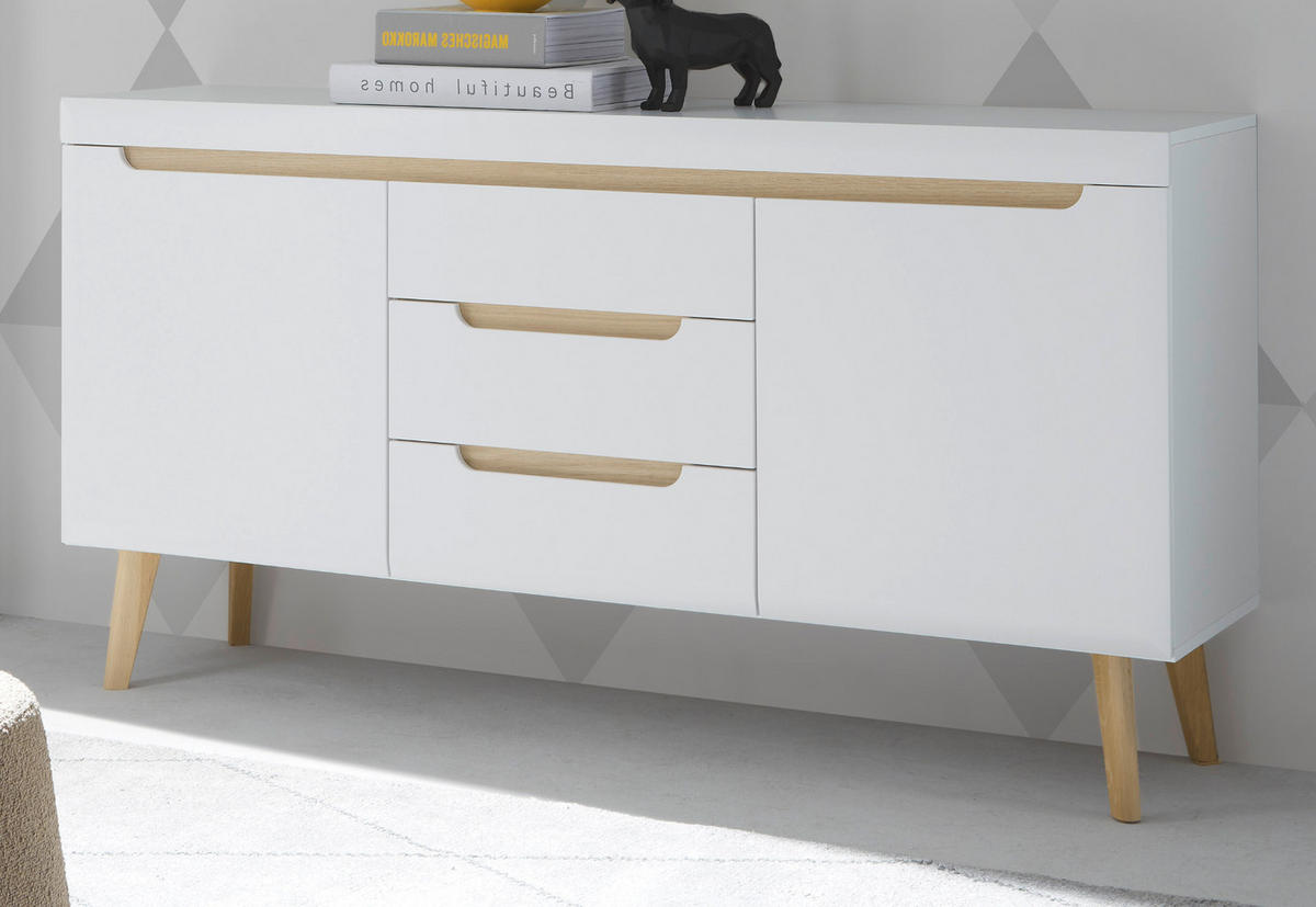 SIDEBOARD weiß matt, Eiche, skandinavisch 160 cm, Kommode mit Soft-Close-Funktion - Eichefarben/Weiß, Holz/Holzwerkstoff (160/83/40cm) - Furn.Design