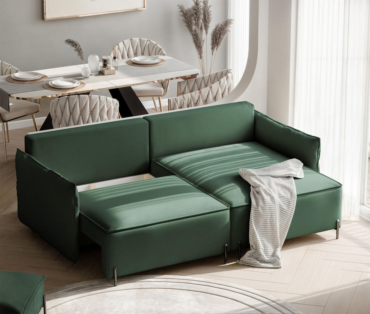 ECKSOFA MARCO Rechts, mit Schlaffunktion und Bettkasten, Grün - Grün, Textil/Metall (221/148cm) - Idohome