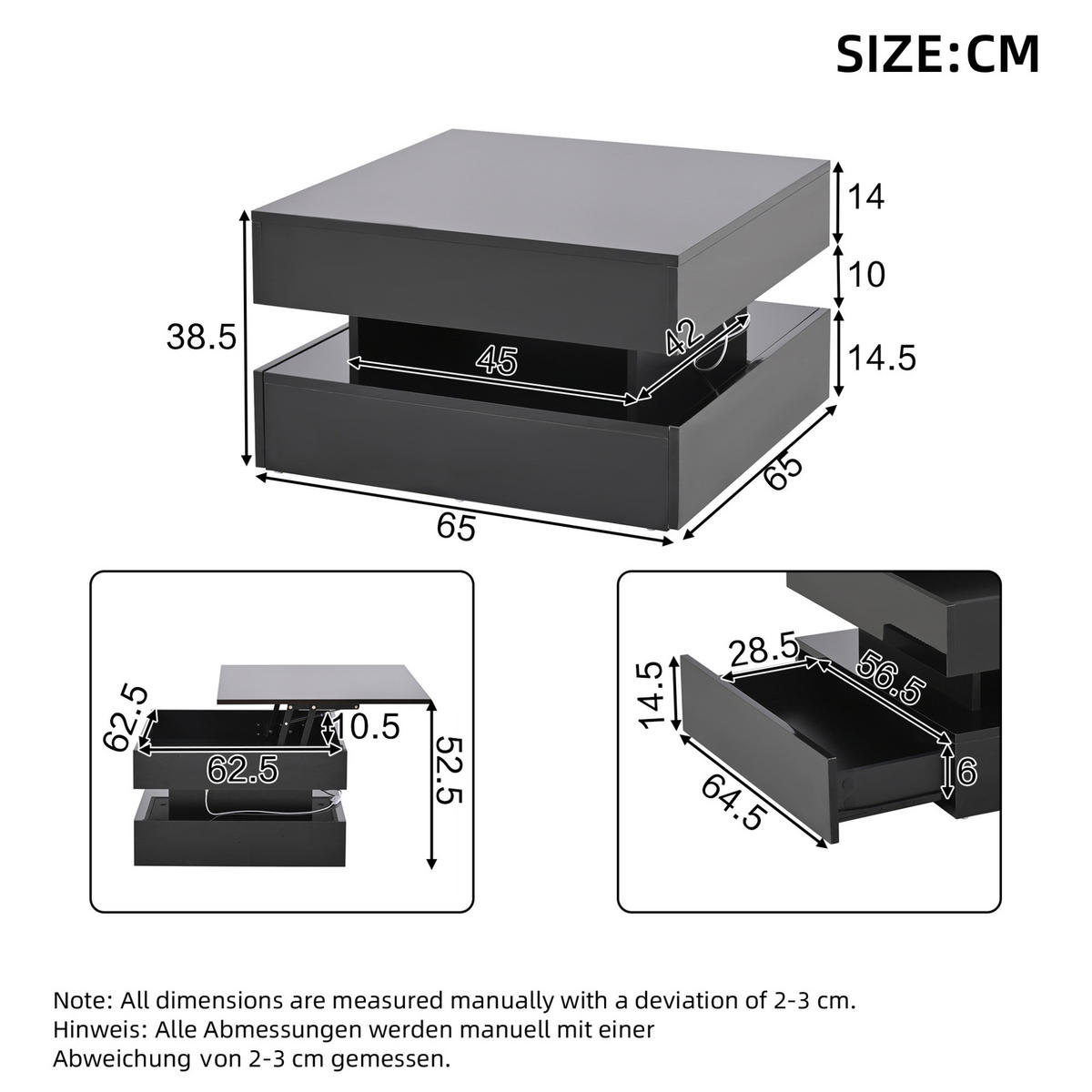 COUCHTISCH aus Spanplatte 65x65x38,5 cm Schwarz anhebbar mit LED-Beleuchtung, 2 Schubladen und verstecktem Stauraum - Schwarz, Holzwerkstoff (65/65/38.5cm) - Modfu