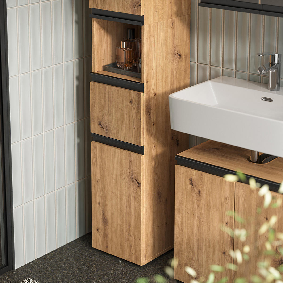 BADMÖBEL-SET Torren Artisan 3 Teile, mit Hochschrank - Hellgrau, Holzwerkstoff (60/58/35cm) - Vicco