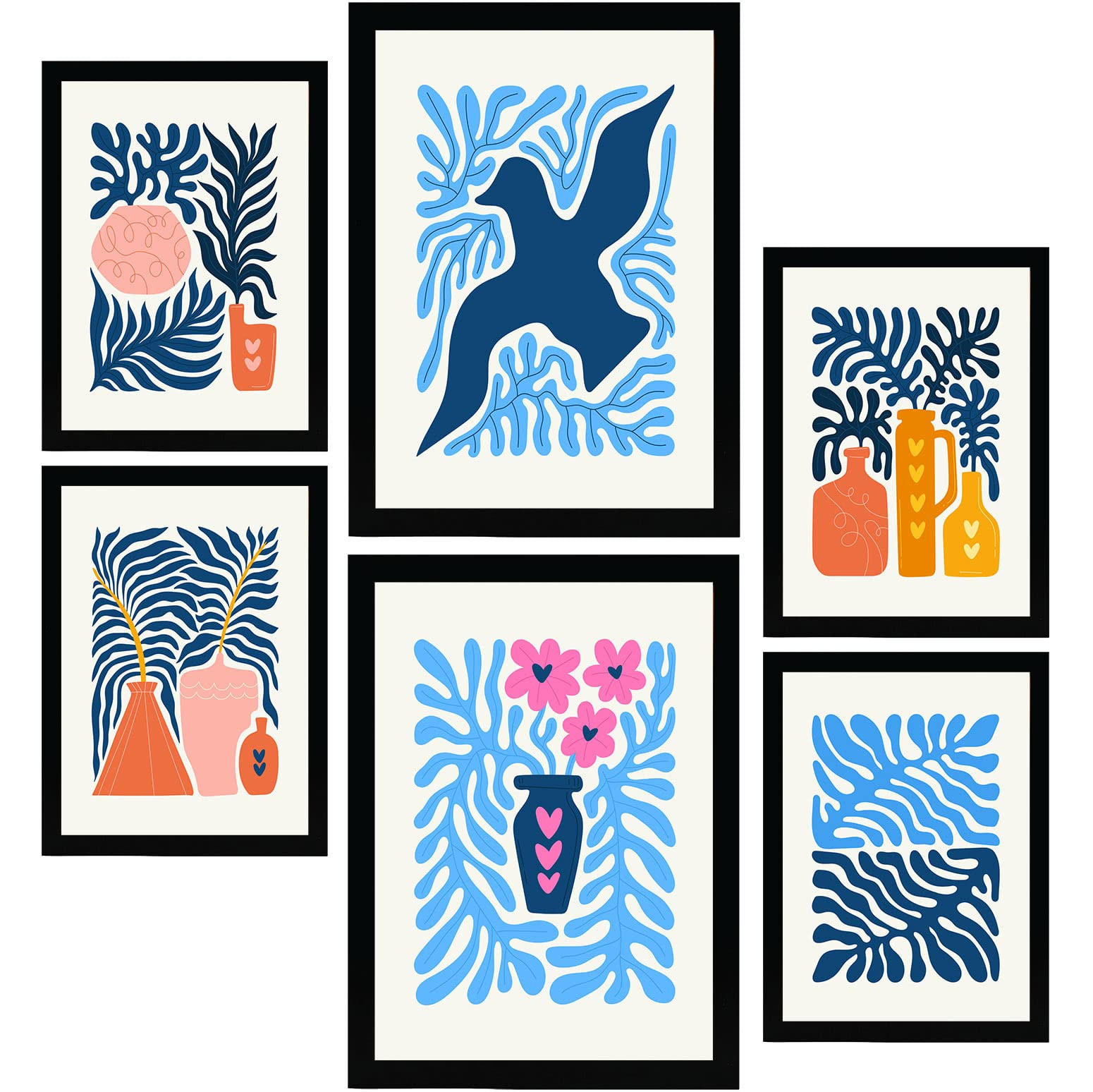 POSTER Set Mit 6 Minimalistischen In Leuchtenden Farben Blaue Blätter Drucke Von Landschaften Und Natur Für Innenarchitektur A3 & A4 Schwarzer Rahmen - Schwarz, Papier (29/3cm) - Nacnic