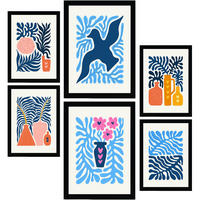 POSTER Set Mit 6 Minimalistischen In Leuchtenden Farben Blaue Blätter Drucke Von Landschaften Und Natur Für Innenarchitektur A3 & A4 Schwarzer Rahmen - Schwarz, Papier (29/3cm) - Nacnic