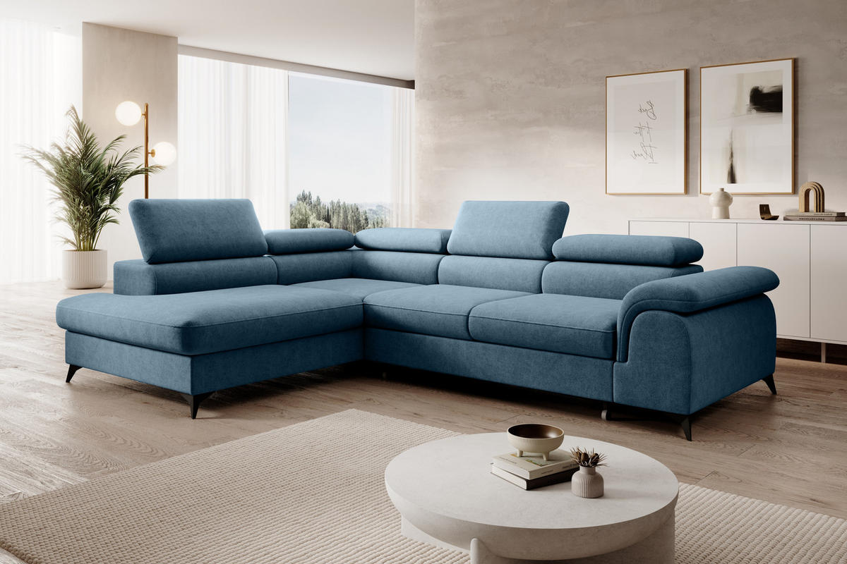 ECKSOFA PLAZA L Links mit Schlaffunktion 125x195 Velours Blaugrau - Blaugrau/Schwarz, Holz/Kunststoff (205/275cm) - Muffo