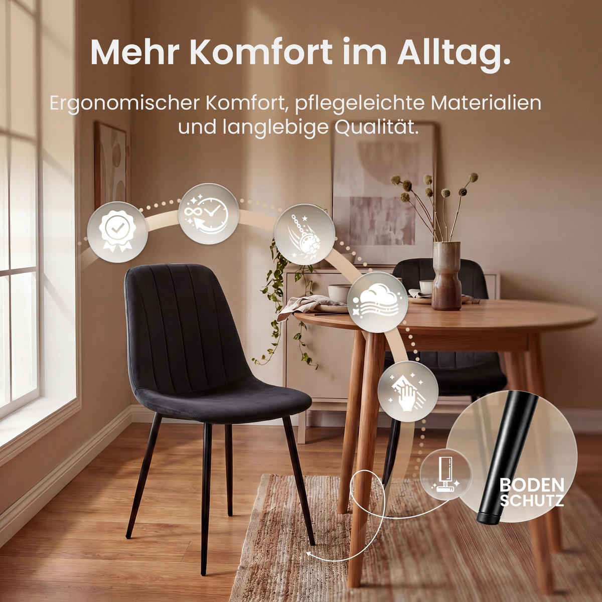 STUHL 4er Set Samt Schwarz - Schwarz, Textil/Metall (45/88/54cm) - CLP