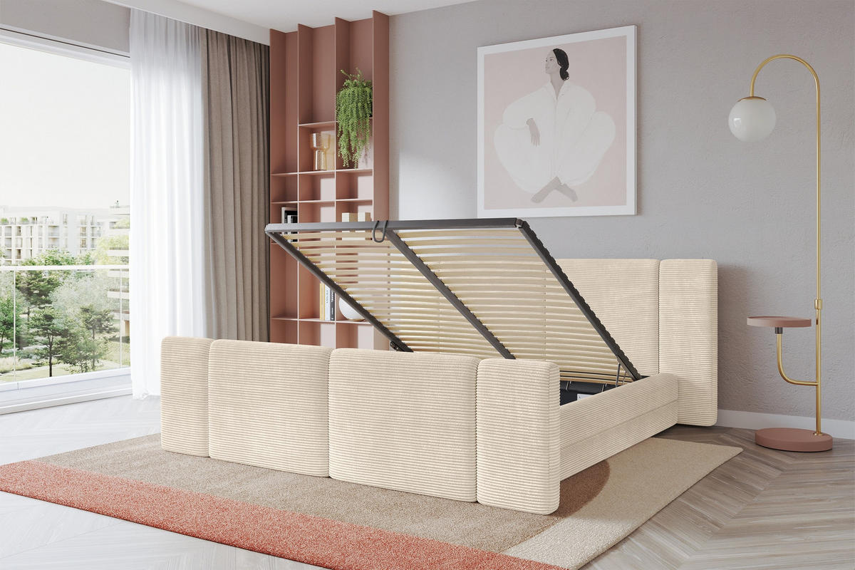 POLSTERBETT mit Bettkasten, Fußteil und Lattenrost, Bett mit Matratze H3/H4 - TEVO-Z 200x200 Beige - Creme, Holzwerkstoff/Textil (200/200cm) - ALTDECOR