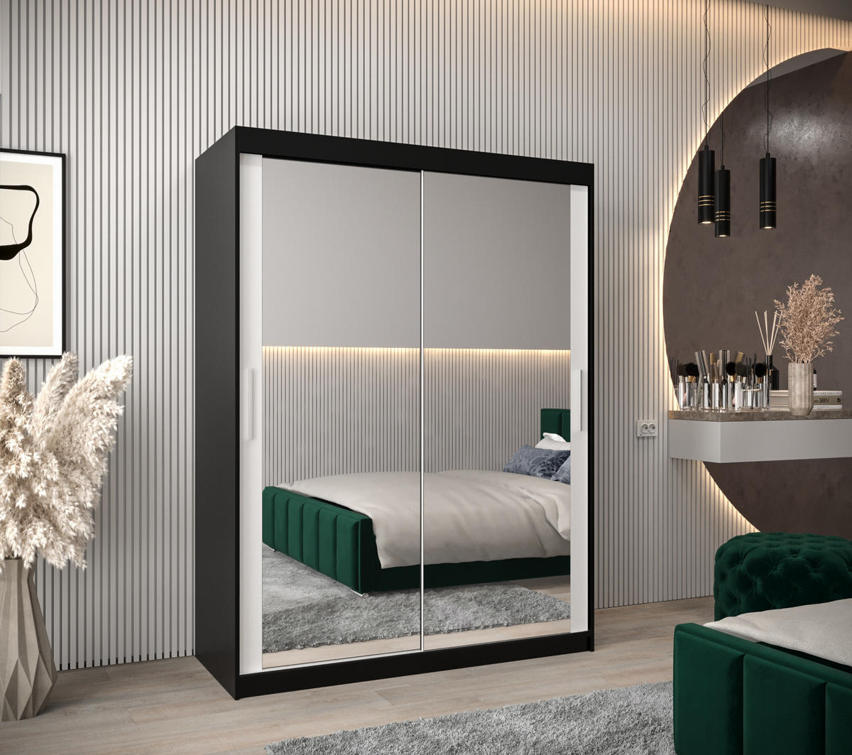 SCHWEBETÜRENSCHRANK 200/150/62 2-türig - Silberfarben/Schwarz, Holz/Kunststoff (150/200/62cm) - Abiks Möbel