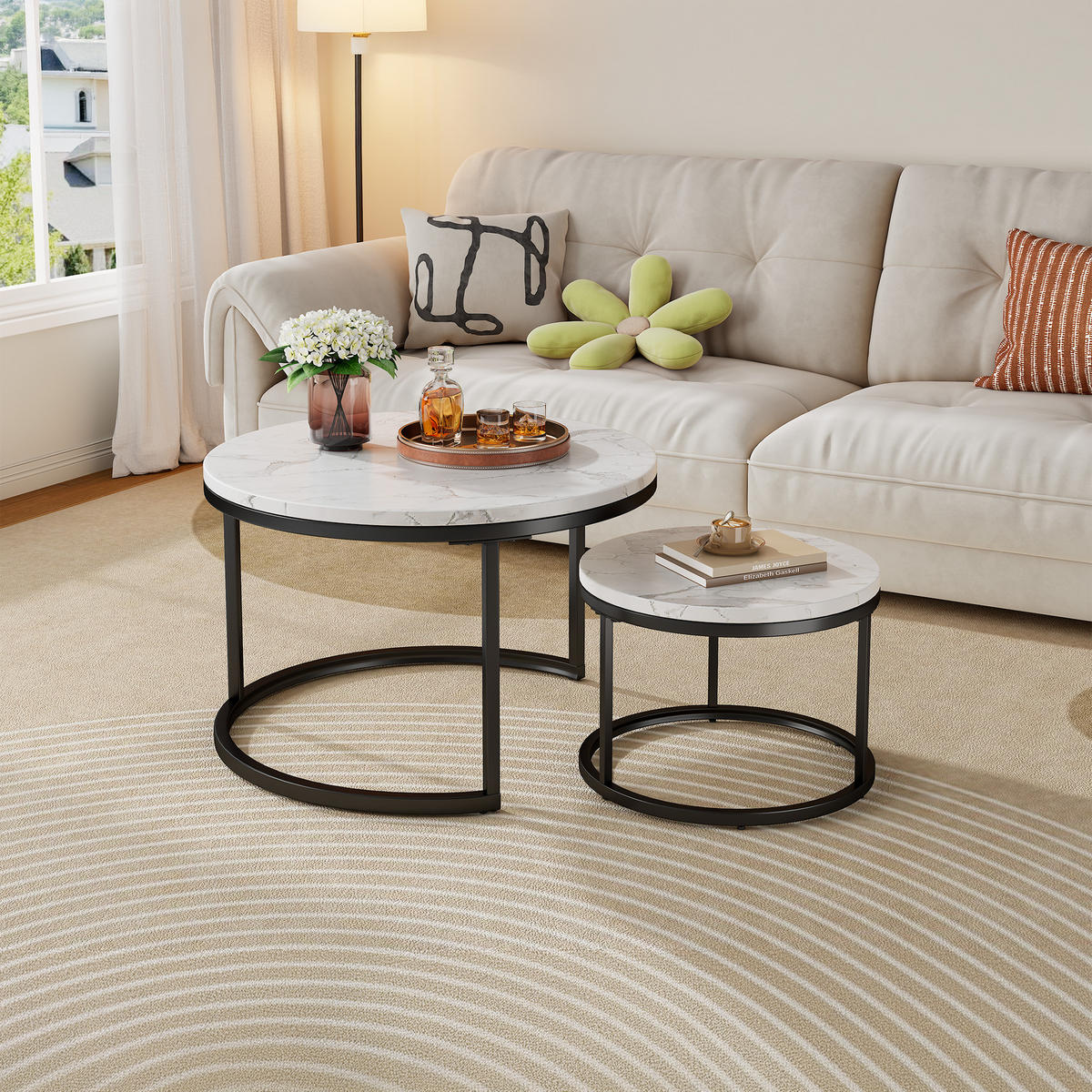 COUCHTISCH in Weiß/Schwarz Hitzebeständiger Wohnzimmertisch mit Marmor-Optik Platte Sofatisch mit Metallgestell - Schwarz, Holzwerkstoff/Metall (70/70/45cm) - STILVORA