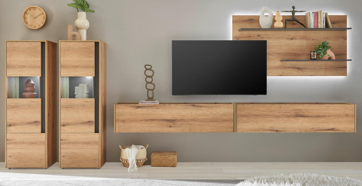WOHNWAND Evoke Eiche, grau, Wohnkombination Set 5-teilig mit XXL-TV-Schrank, 440 cm - Eichefarben/Grau, Glas/Holz (440/180/40cm) - Furn.Design