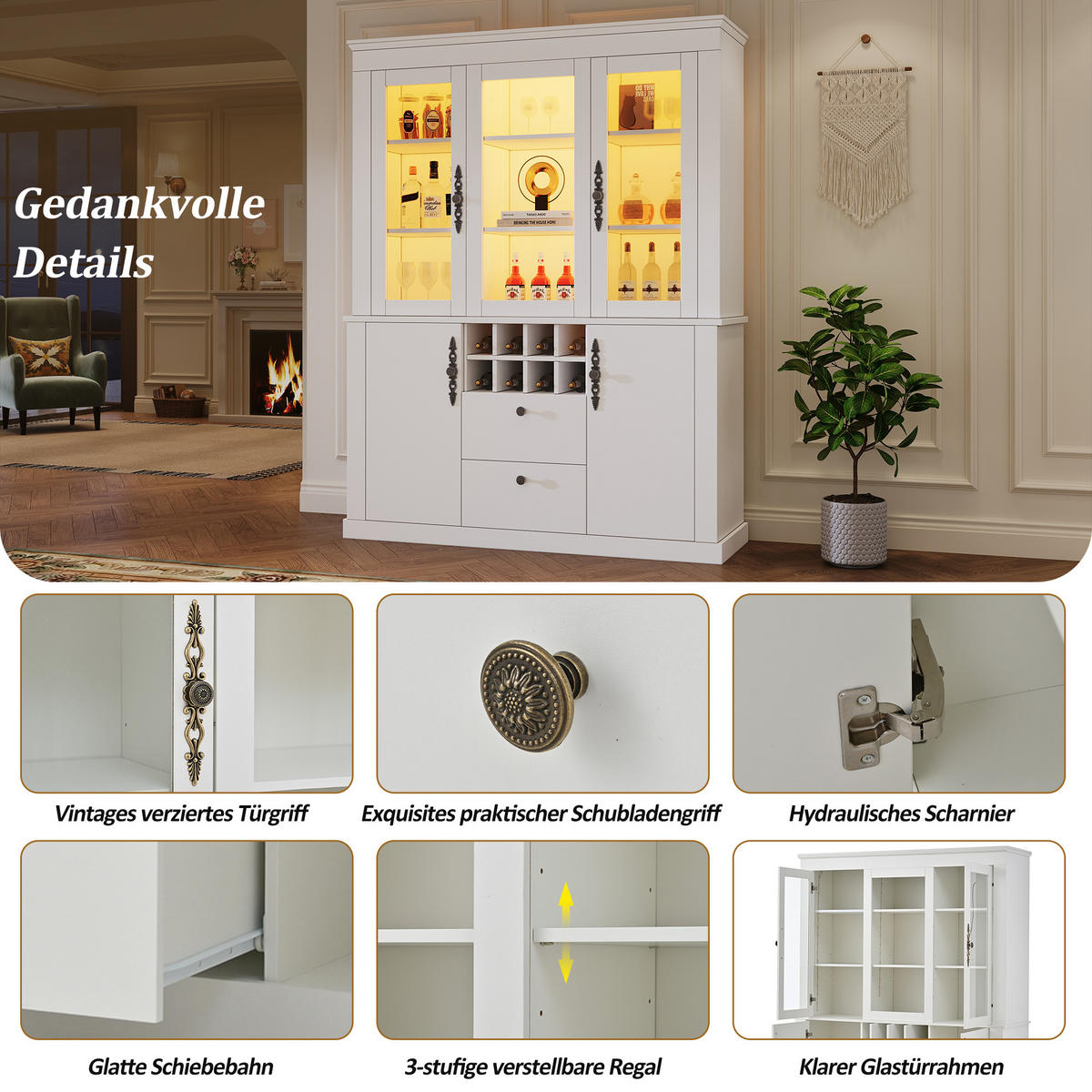 VITRINE LED 130cm 4 Türen 2 Schubladen Weinregal Weiß - Weiß, Glas (130/170.5/37.5cm) - FLIEKS