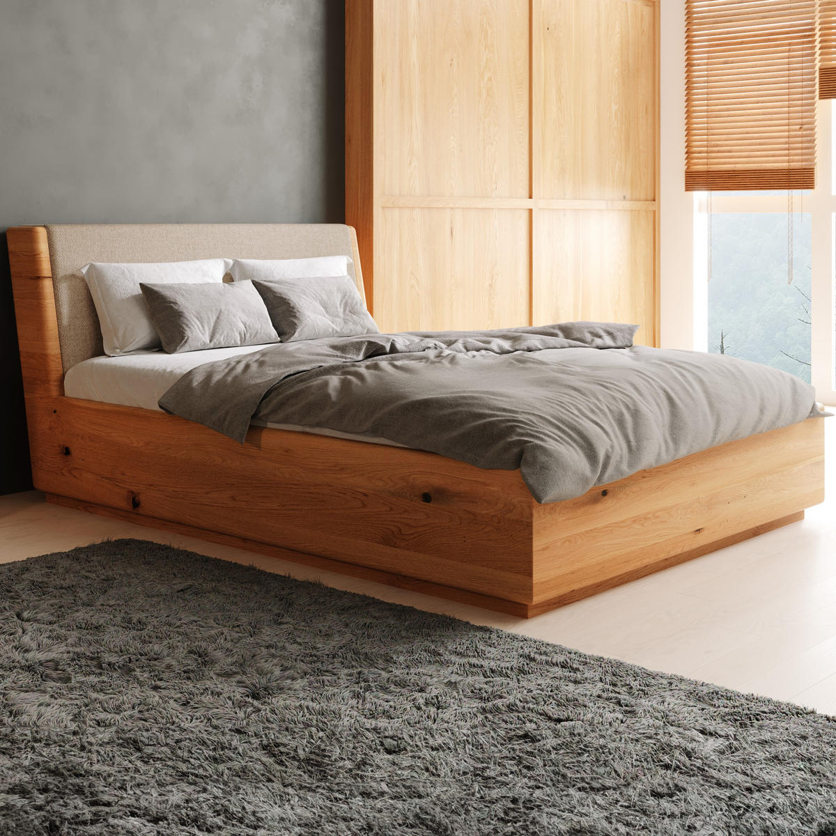 MASSIVHOLZBETT Aura Tilt aus Eiche mit Bettkasten 180x220 cm, Storm 06 (Beige) - Eichefarben/Braun, Holz (180/220cm) - Danzz