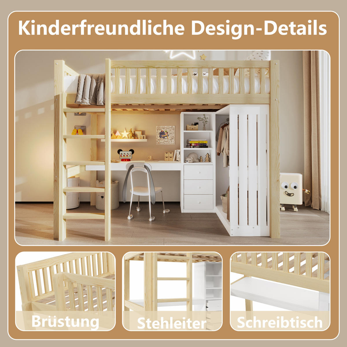 HOCHBETT 140/200 cm Natur aus Kiefernholz und MDF mit Schreibtisch - Naturfarben, Holz (140/200cm) - OKMYHOME