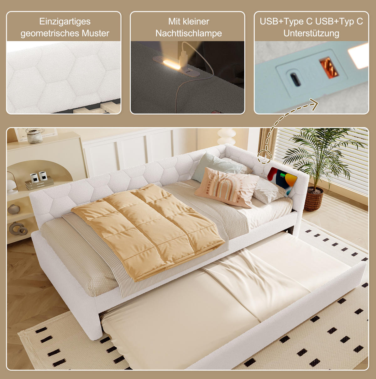 TAGESBETT 90/200 cm mit Ausziehbett, USB- und Typ-C-Anschluss, Nachttischlampe und Lattenrost, Vliesimitat, Weiß - Weiß, Textil (90/200cm) - Redom