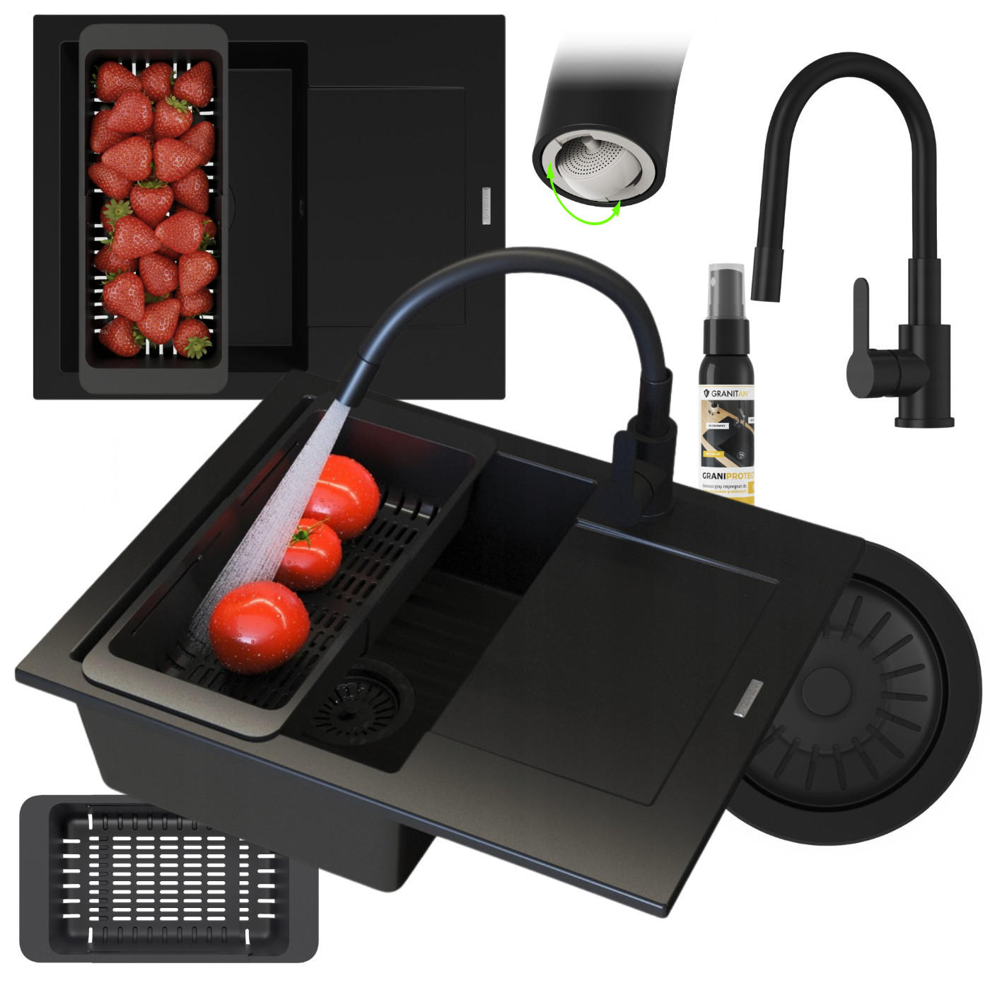 SPÜLBECKEN Bello Schwarz 4-tlg. 570/470 mm Granitoptik Set mit Armatur und Siphon - Schwarz, Stein (57/47/20cm) - Granitan