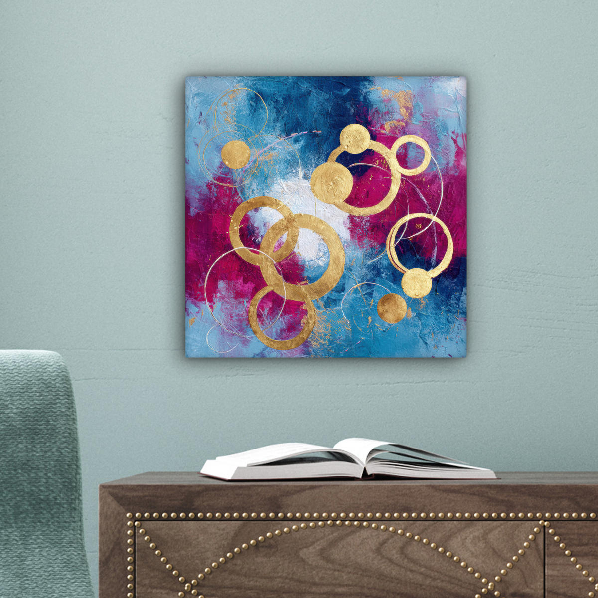 LEINWANDBILD Kreise - Gold - Abstrakt Deko Wohnzimmer 20x20 cm - Blau, Textil (20/20cm) - MuchoWow