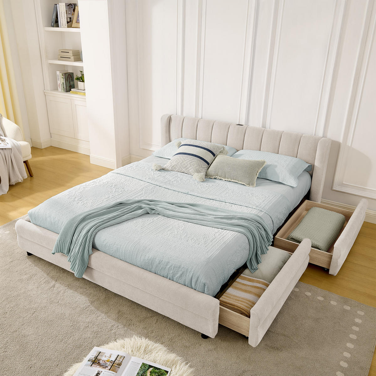 POLSTERBETT 140/200 cm DE-03800, mit 4 Schubladen und Chenille-Bezug, in Beige - Beige, Metall (140/200cm) - ComfortXL
