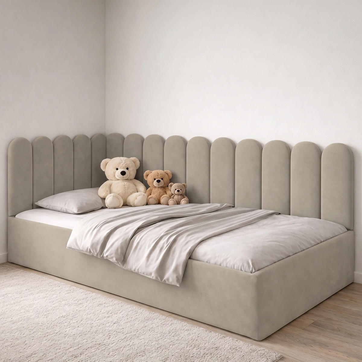 JUGENDBETT Junior Kaltes Beige Samtvelours mit Wandpaneelen - 120x200 cm - Bettkasten - Taupe, Holzwerkstoff/Textil (120/200cm) - Ravio