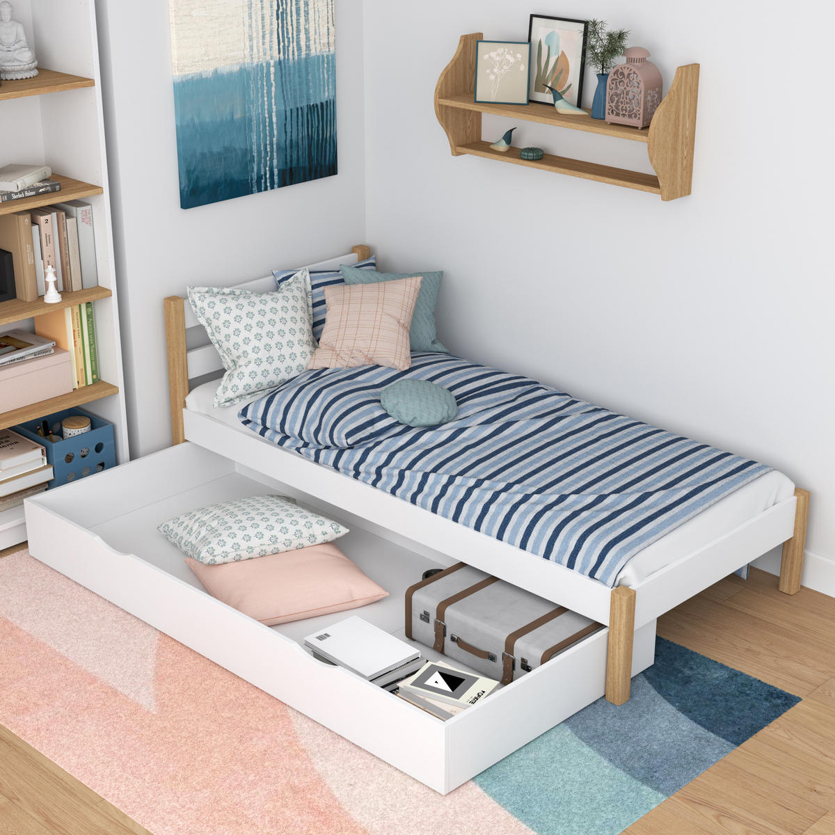 BETT mit Schublade N01 Weiß / Eiche Natur 120/200 - Eiche Artisan/Weiß, Naturmaterialien/Holz (120/200cm) - N-Wood
