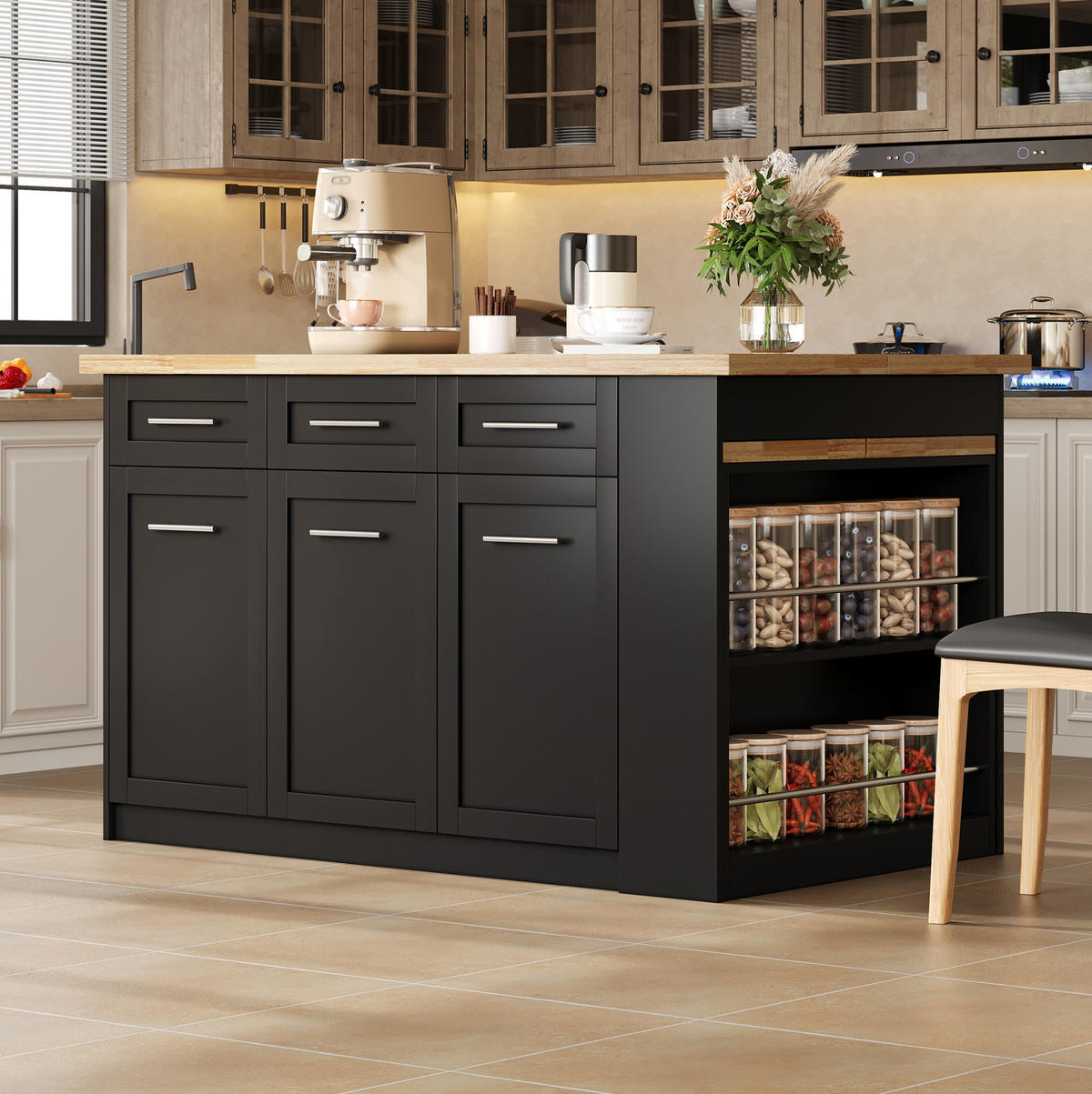 KÜCHENINSEL mit ausziehbarem Esstisch 150 x 90 x 90 cm MDF Natural and Black - Naturfarben, Holz (90/90/150cm) - Beauniv