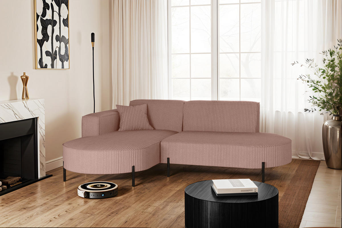 ECKSOFA L-Form Designer Modena Rein stoff Cord Rosa Links - Rosa, Holzwerkstoff (165/236cm) - Kaiser Möbel