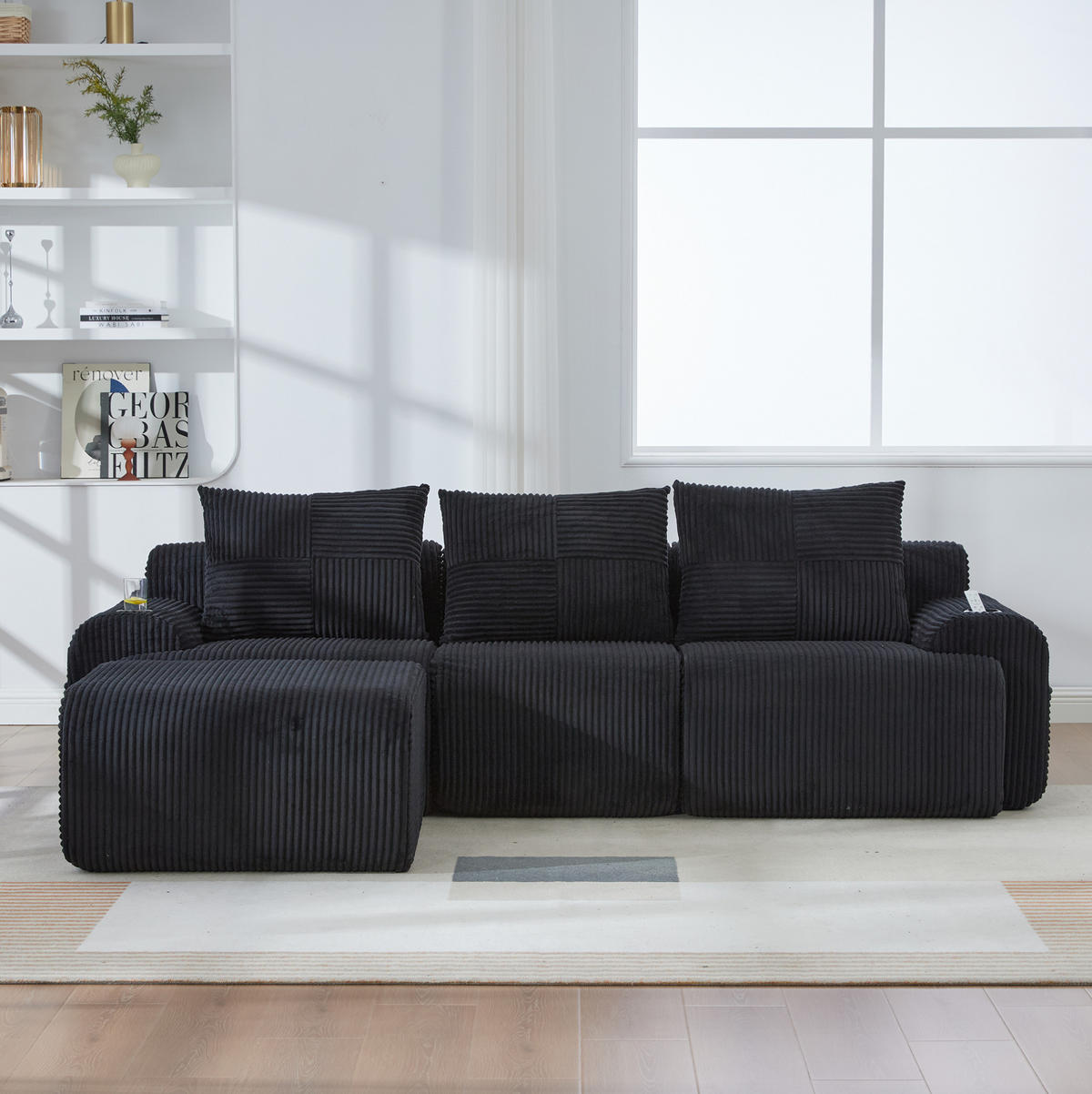 SOFA modular 268 x 174 cm Cord Schwarz mit Cupholder - Schwarz, Kunststoff (174/268cm) - Meubliv