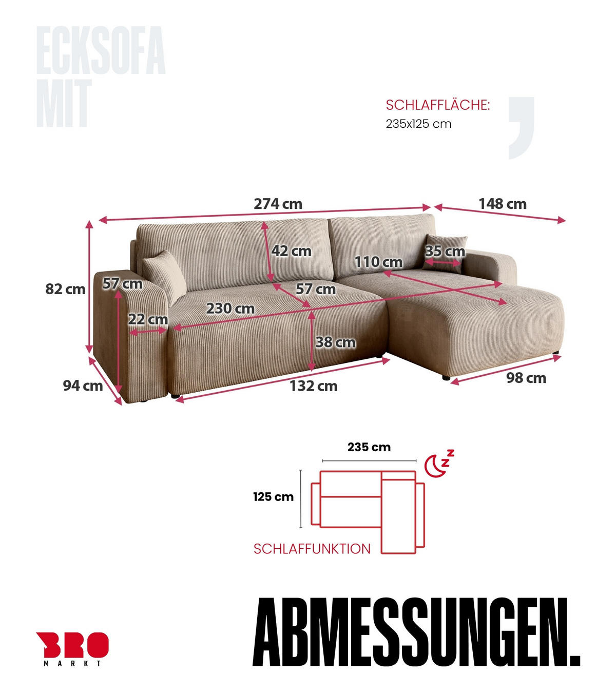 ECKSOFA PUMI XL mit Schlaffunktion Beige Cord - Beige, Textil (274/148cm) - Bromarkt