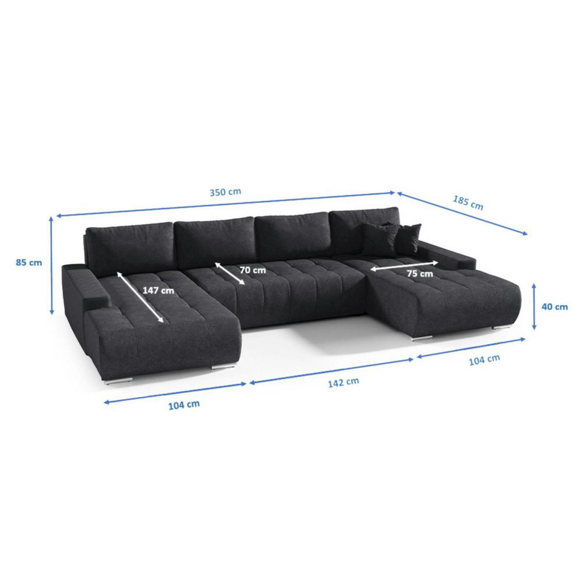 WOHNLANDSCHAFT Draco U Anthrazit - Anthrazit/Silberfarben, Textil/Metall (350/85/185cm) - Beautysofa