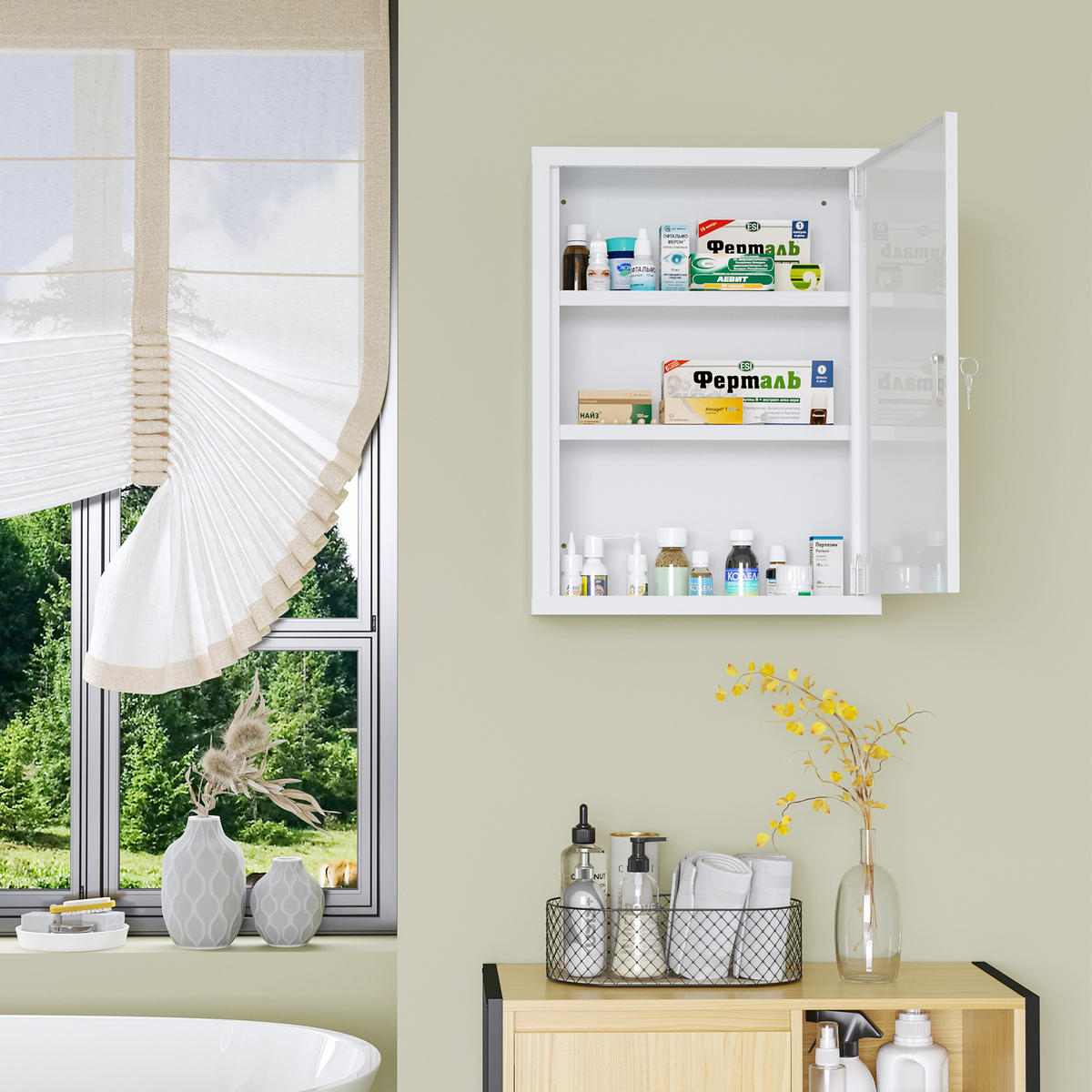 MEDIZINSCHRANK, Apothekerschrank mit 3 Fächern, 2 Schlüsseln Abschließbar, Stahl - Weiß, Metall (40/53.5/15cm) - Kleankin