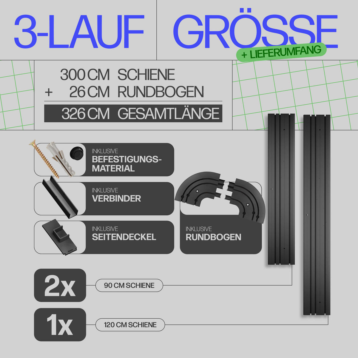 GARDINENSCHIENE inkl. Rundbögen 300cm (2x90/1x120cm) 3-läufig - Schwarz, Kunststoff (10/1.8/300cm)