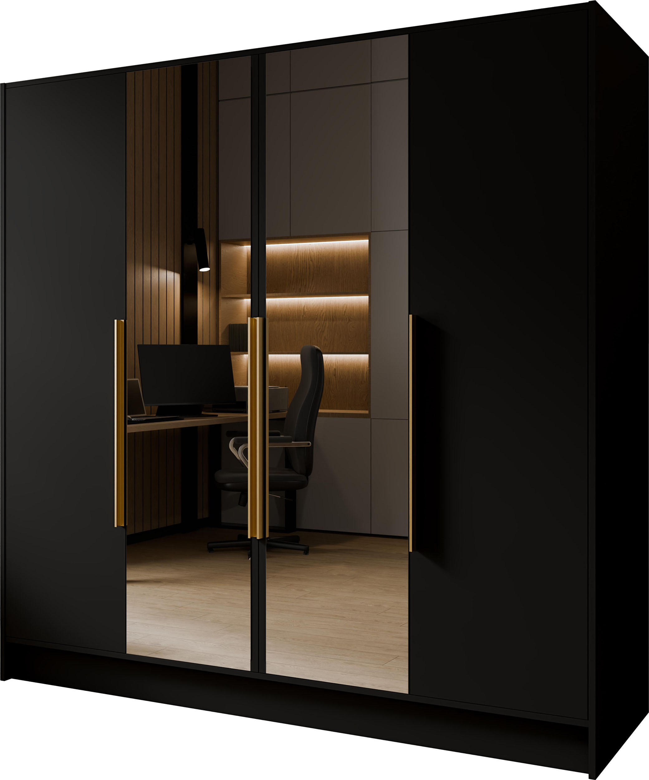 KLEIDERSCHRANK Mono Lux mit Speigel, Drehtüren mit Goldene Metallgriffe, Schwarz 200/200/51 cm - Schwarz, Holzwerkstoff (200/200/51cm) - WFL GROUP