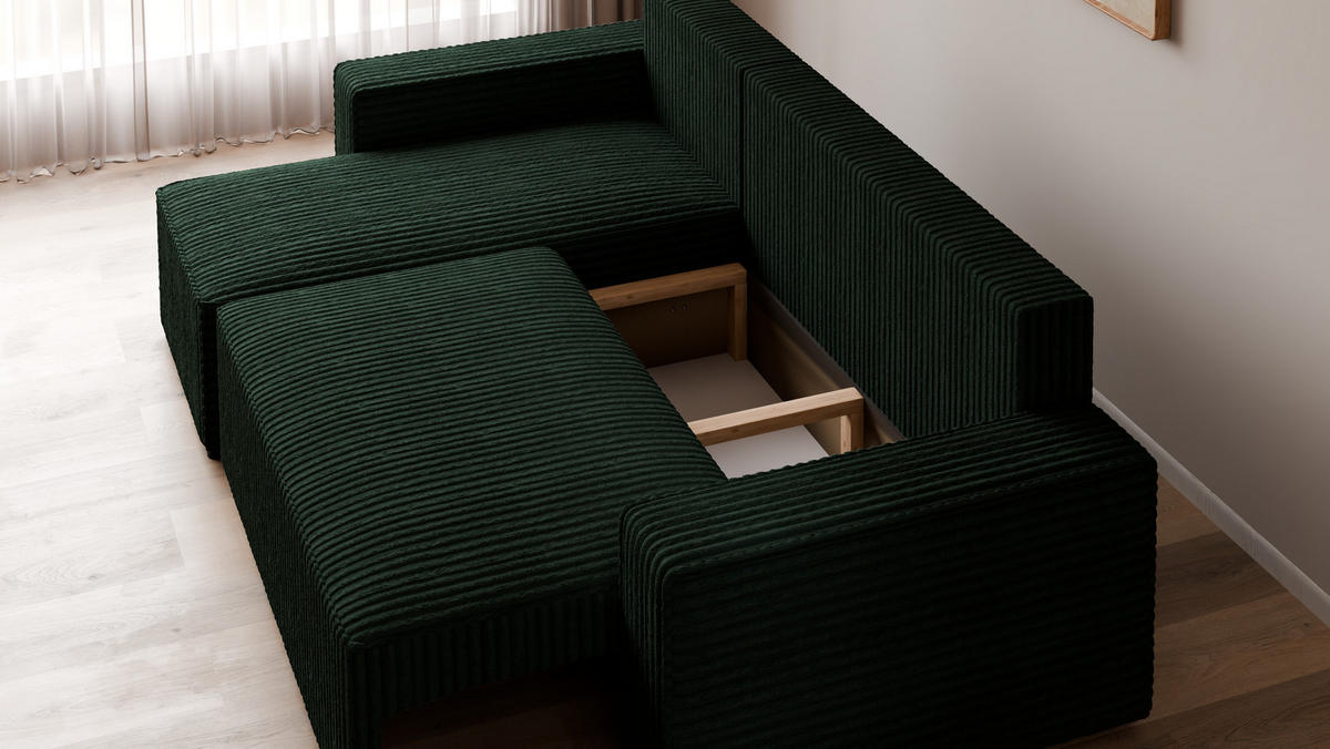 ECKSOFA Tobi mit Bettkasten und Schlaffunktion, L-Form, Cordstoff, Universal - Dunkelgrün, Holzwerkstoff (246/145cm) - 4ALL HOME