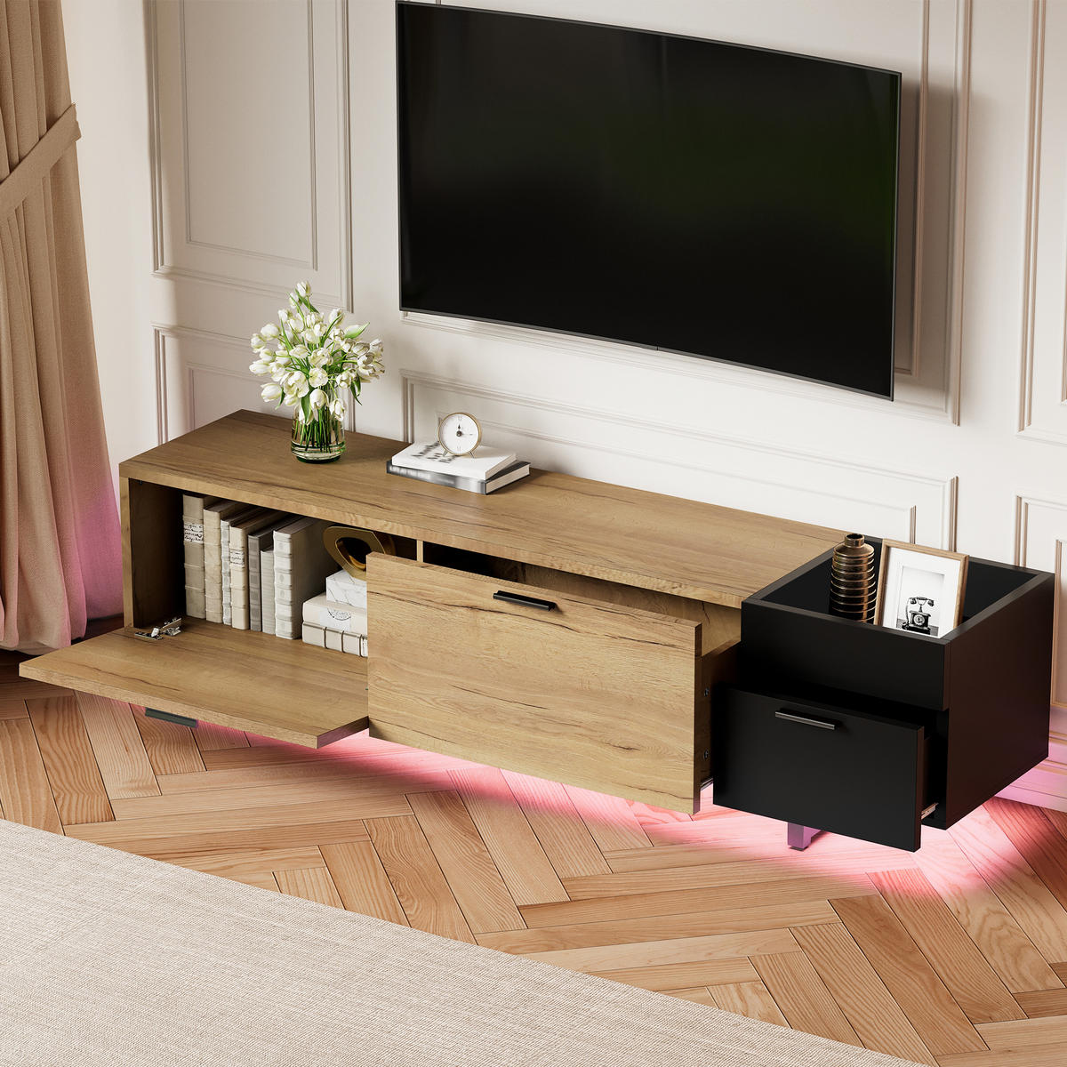 TV-SCHRANK mit offenen Fächern, Schubladen und Stauraum, Natur/Schwarz - Schwarz, Holzwerkstoff (180/49/38cm)