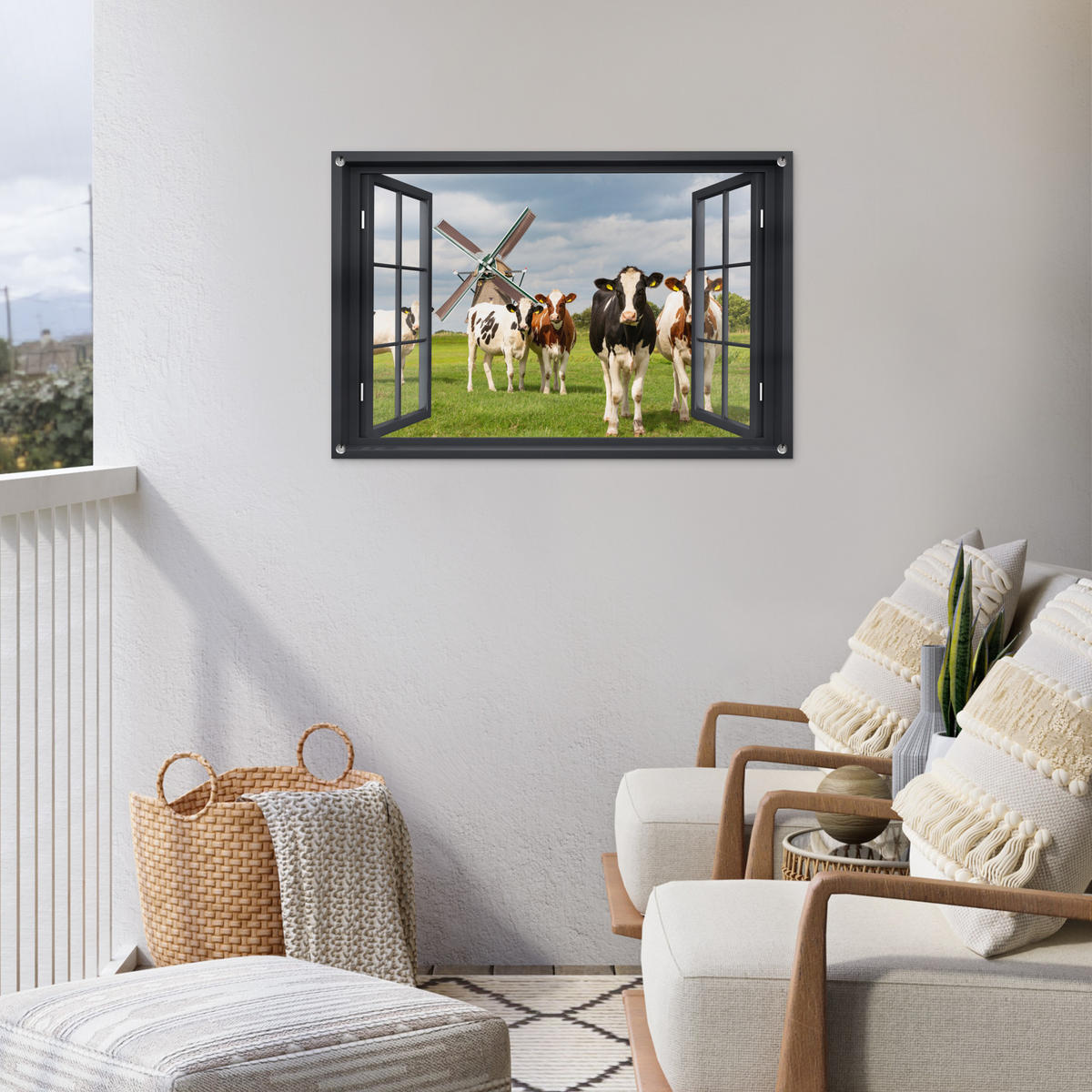 ZAHRADNÍ PLAKÁT Pohled - Kráva - Mlýn - Krávy - Louka - Tráva - Zelená 90x60 cm - antracitová, plast (90/60/0.2cm) - OnlyWow