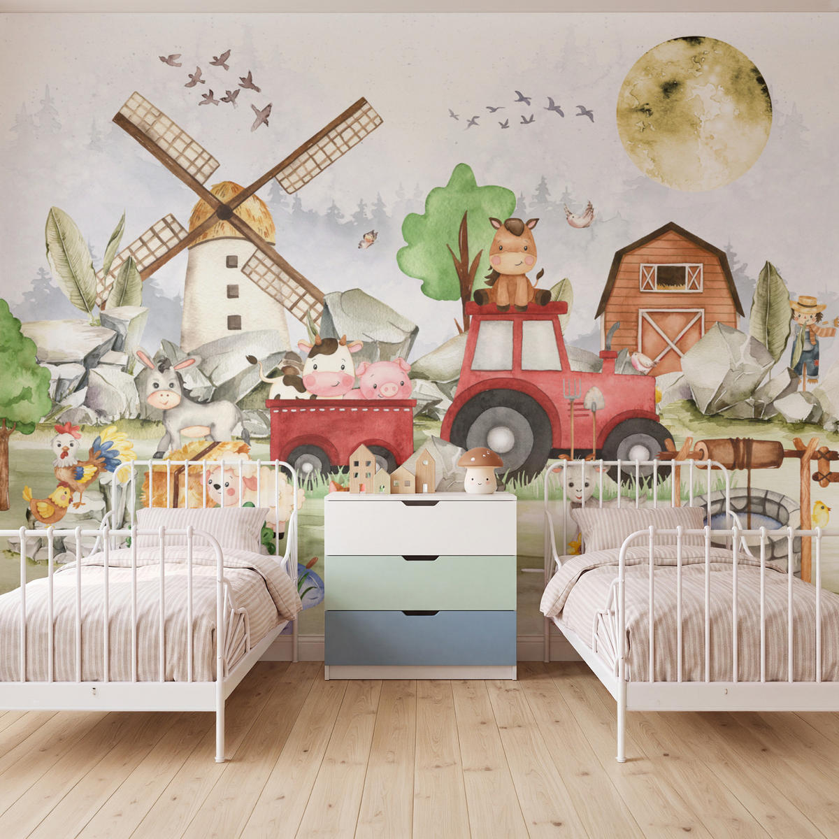KINDERTAPETE - Bauernhof - Traktor - Kinder - Tiere - 400x300 cm - Weiß, Papier (400/300cm) - OnlyWow