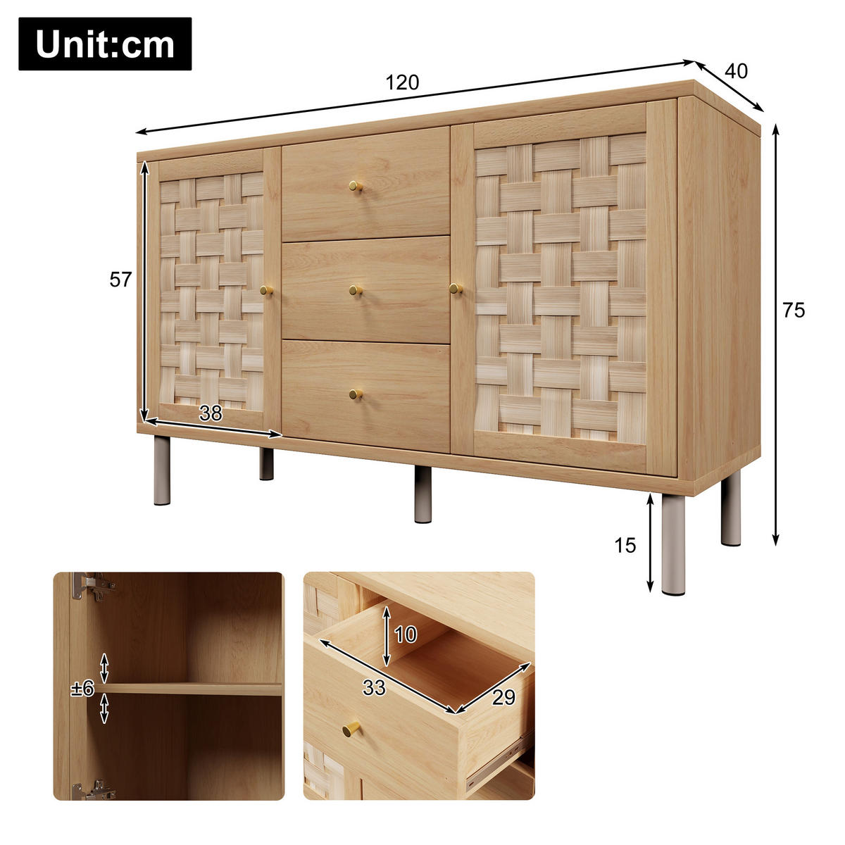 SIDEBOARD in Naturfarben Kommode mit 2 Türen, 3 Schubladen, Metallbeinen & verstellbaren Böden,B120/T40/H75cm - Naturfarben/Weiß, Holzwerkstoff/Metall (120/70/40cm) - STILVORA