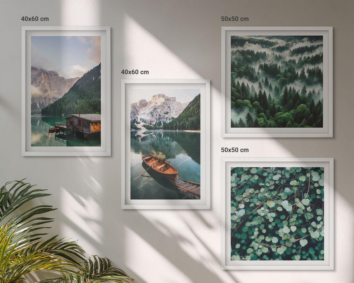 BILDER SET 4er Set - 50x50 cm & 40x60 cm Weißer Rahmen - Nebel auf dem Bergsee, Bootsfahrten, Nebel - Weiß, Kunststoff (50/50cm) - TULUP