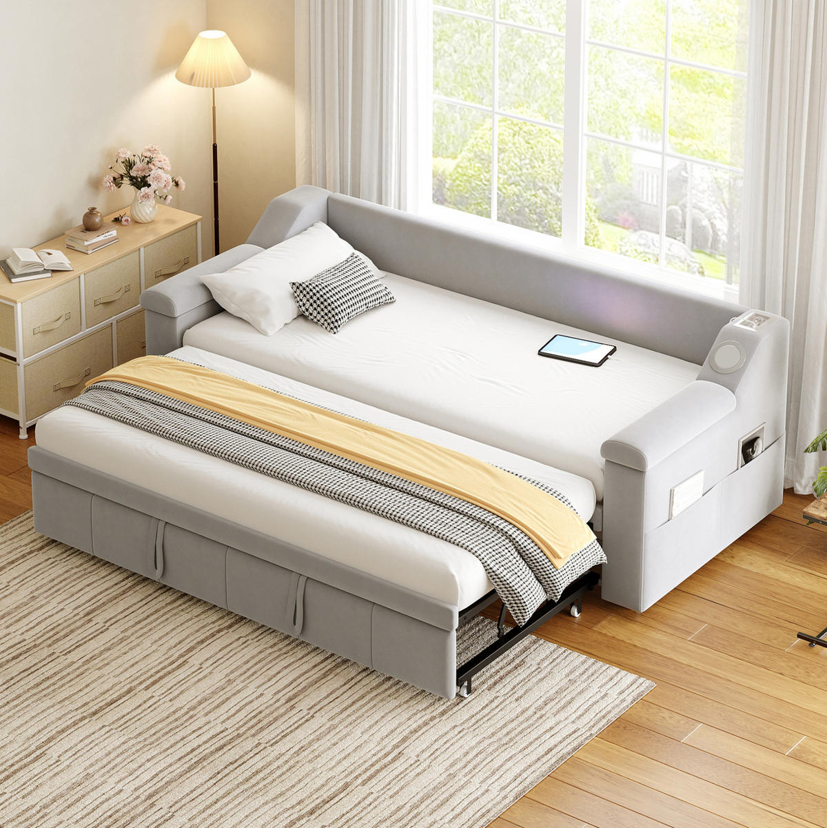 POLSTERBETT 90/190 cm mit hydraulischem Auszug, Bluetooth-Stereo, USB und Ablagefächern, Grau - Grau, Textil (90/190cm) - Redom
