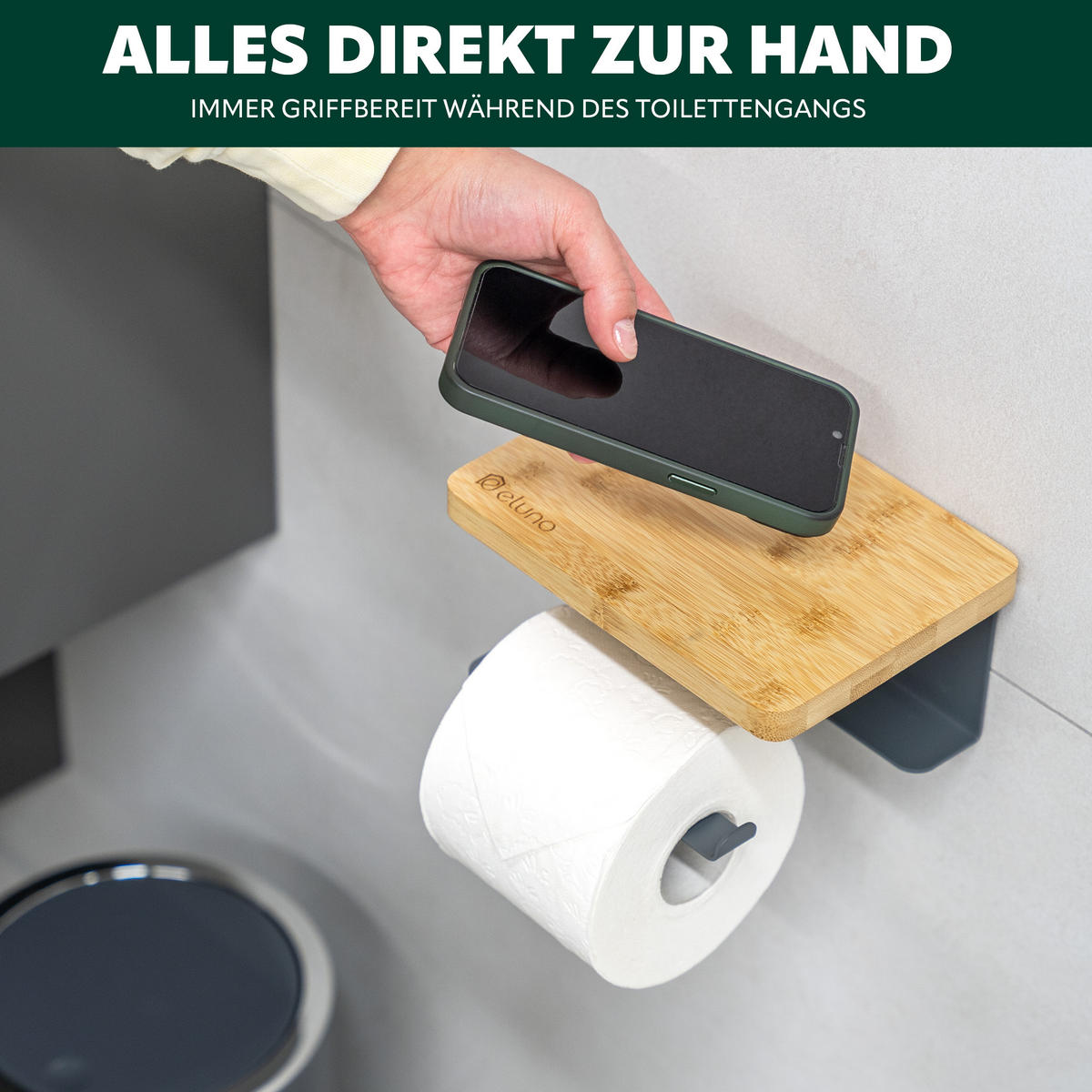 TOILETTENPAPIERHALTER VARAZ mit Ablage, Metall und Bambus - Grau, Metall (18/9.5/13cm) - eluno