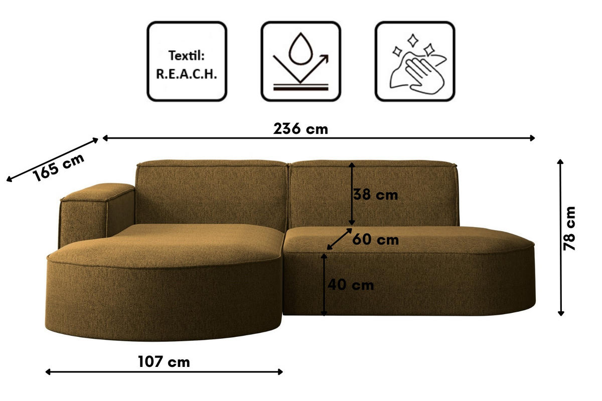 ECKSOFA MODENA L STUDIO Stoff Verita Hellbraun Links - Hellbraun, Holz (165/236cm) - Kaiser Möbel