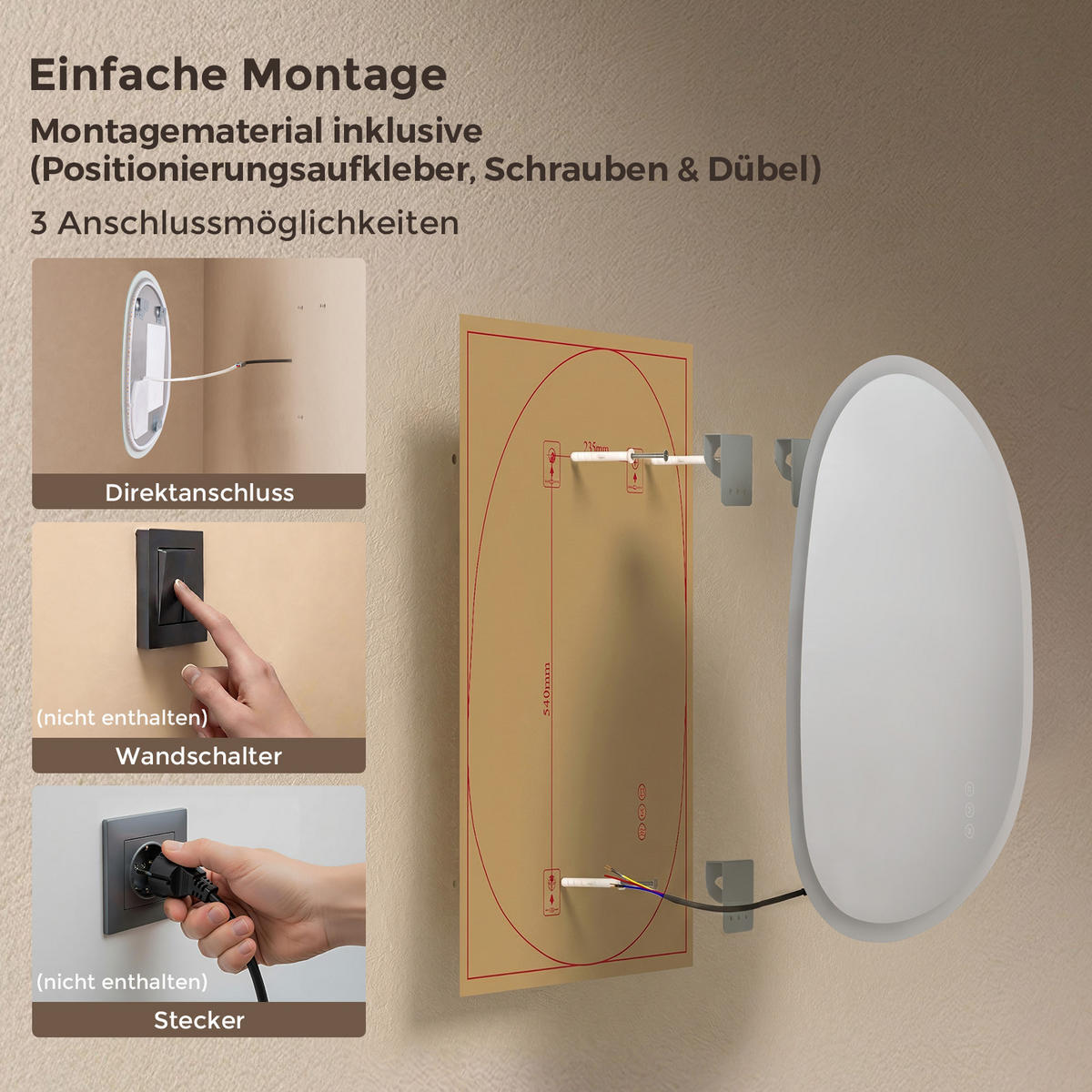 BADSPIEGEL mit Beleuchtung 70/50 cm asymmetrisch rahmenlos LED dimmbar mit Antibeschlag - Transparent, Glas (50/70/2.5cm) - S'AFIELINA