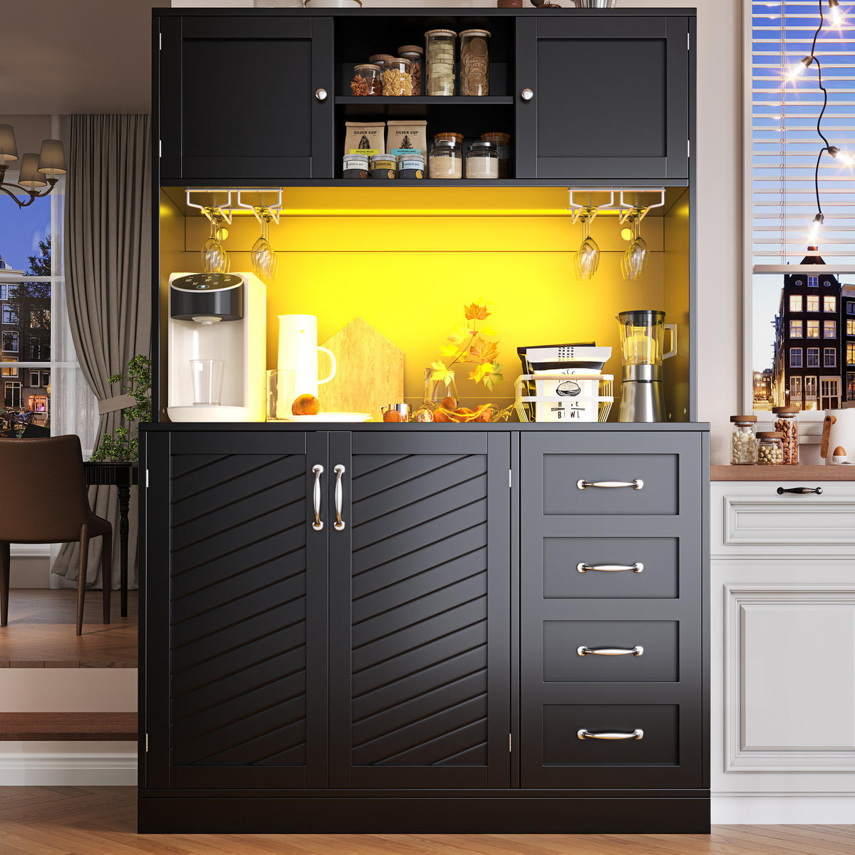 BUFFETSCHRANK 120/40/188 cm schwarz aus MDF mit LED-Beleuchtung - Schwarz, Holzwerkstoff (120/188/40cm) - OKWISH
