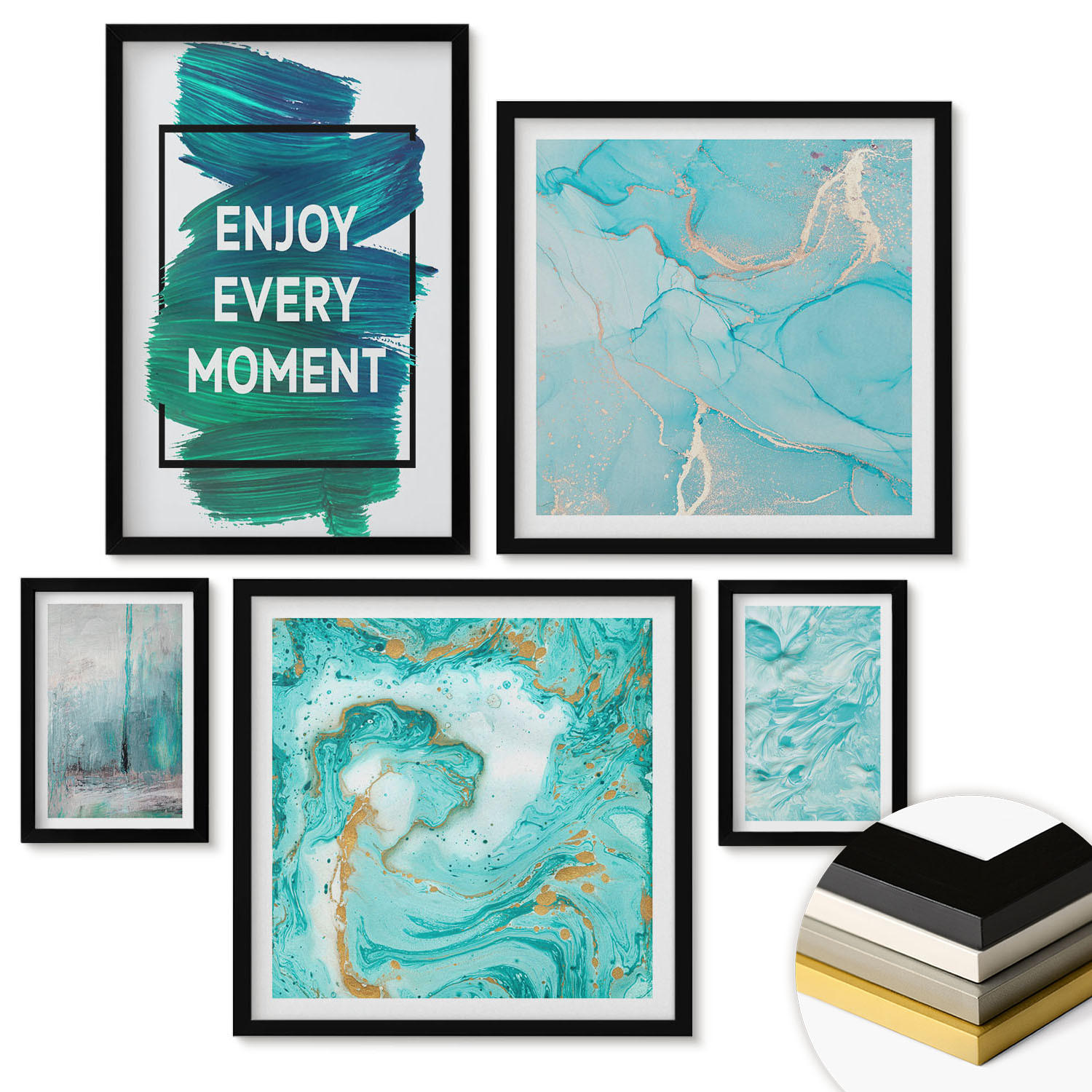 WANDBILDER 5er-Set - 50x50 cm & 20x30 cm & 40x60 cm Schwarzer Rahmen - Farbenfrohe Abstraktionen, Gesichter, Formen - Schwarz, Kunststoff (40/60cm) - ArtPrintCave