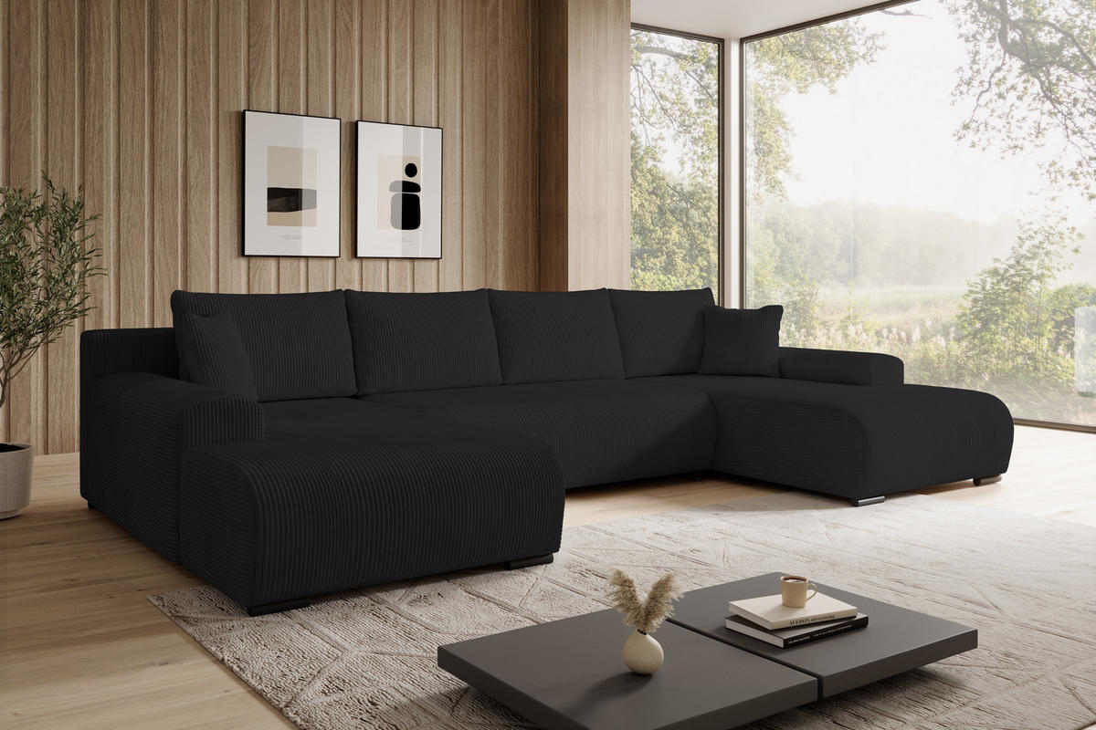 WOHNLANDSCHAFT Nelly U mit Bettkasten und Schlaffunktion, Cordstoff in U-Form - Schwarz, Textil (349/80/185cm)