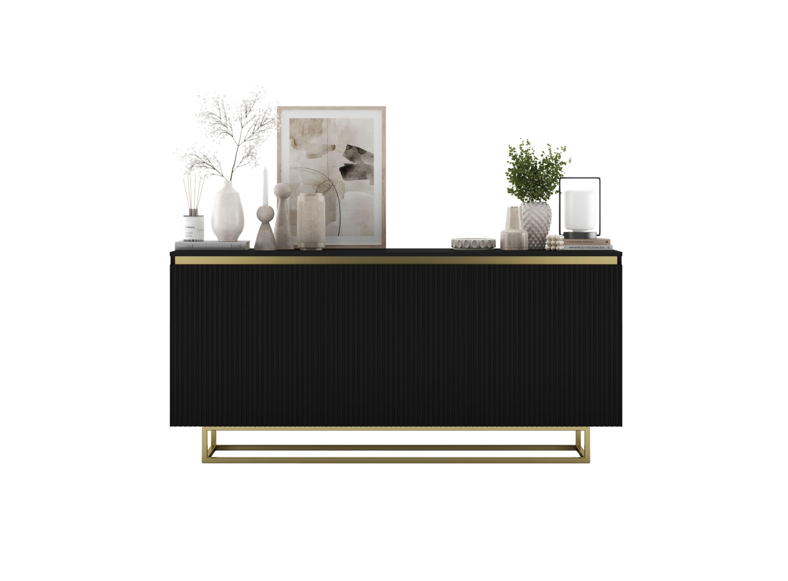 SIDEBOARD Selene 3D Schwarz Matt mit geriffelten Fronten Glamour 167 cm - Goldfarben/Schwarz, Holzwerkstoff/Metall (167/79/35cm) - Meble Lindner